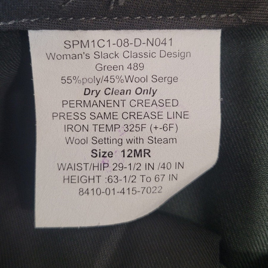 US Military Women’s Dress Slacks - Size 12MR - Green Shade 489 - Poly/Wool Serge