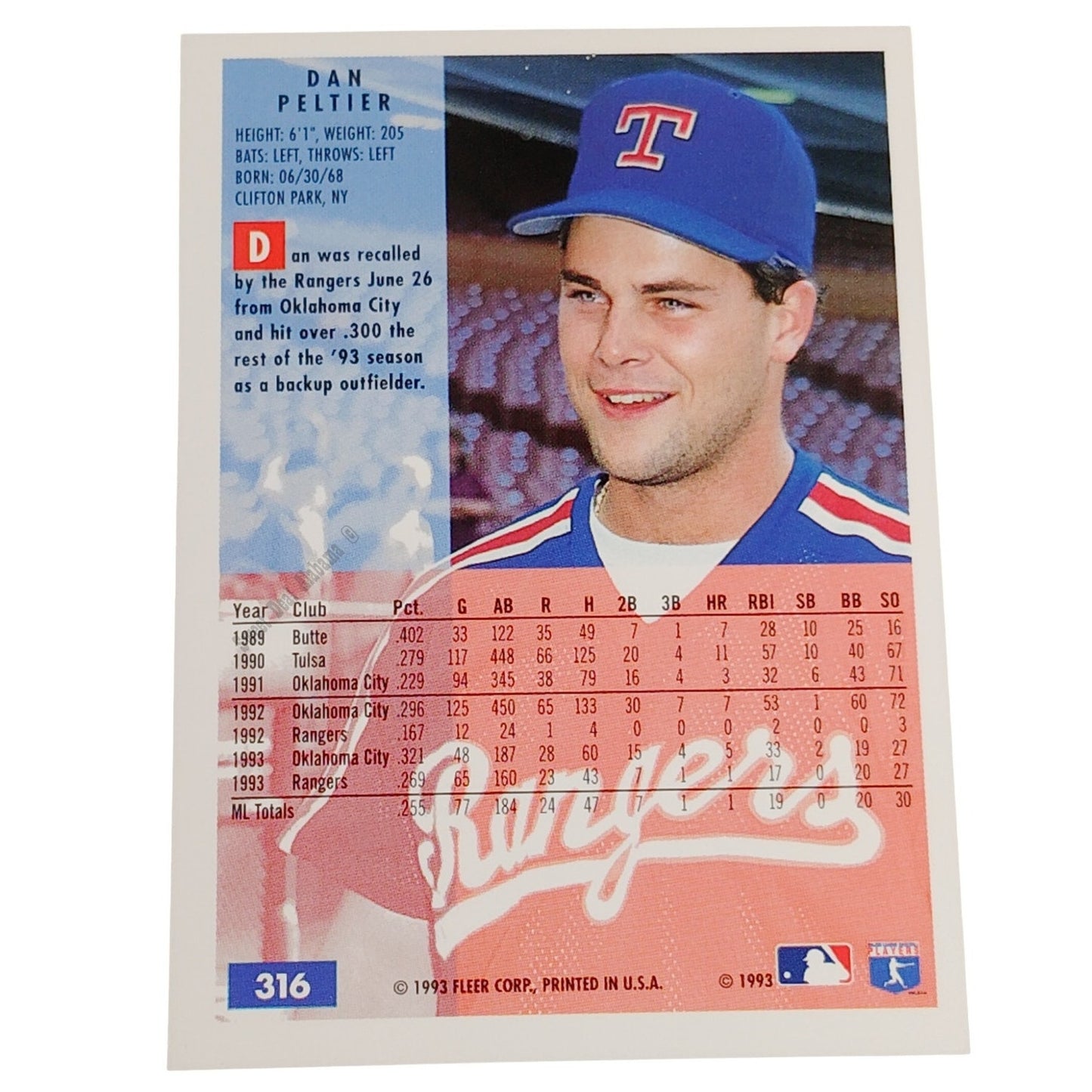 Dan Peltier, Texas Rangers, #316, 1994 Fleer Baseball Collector's Card