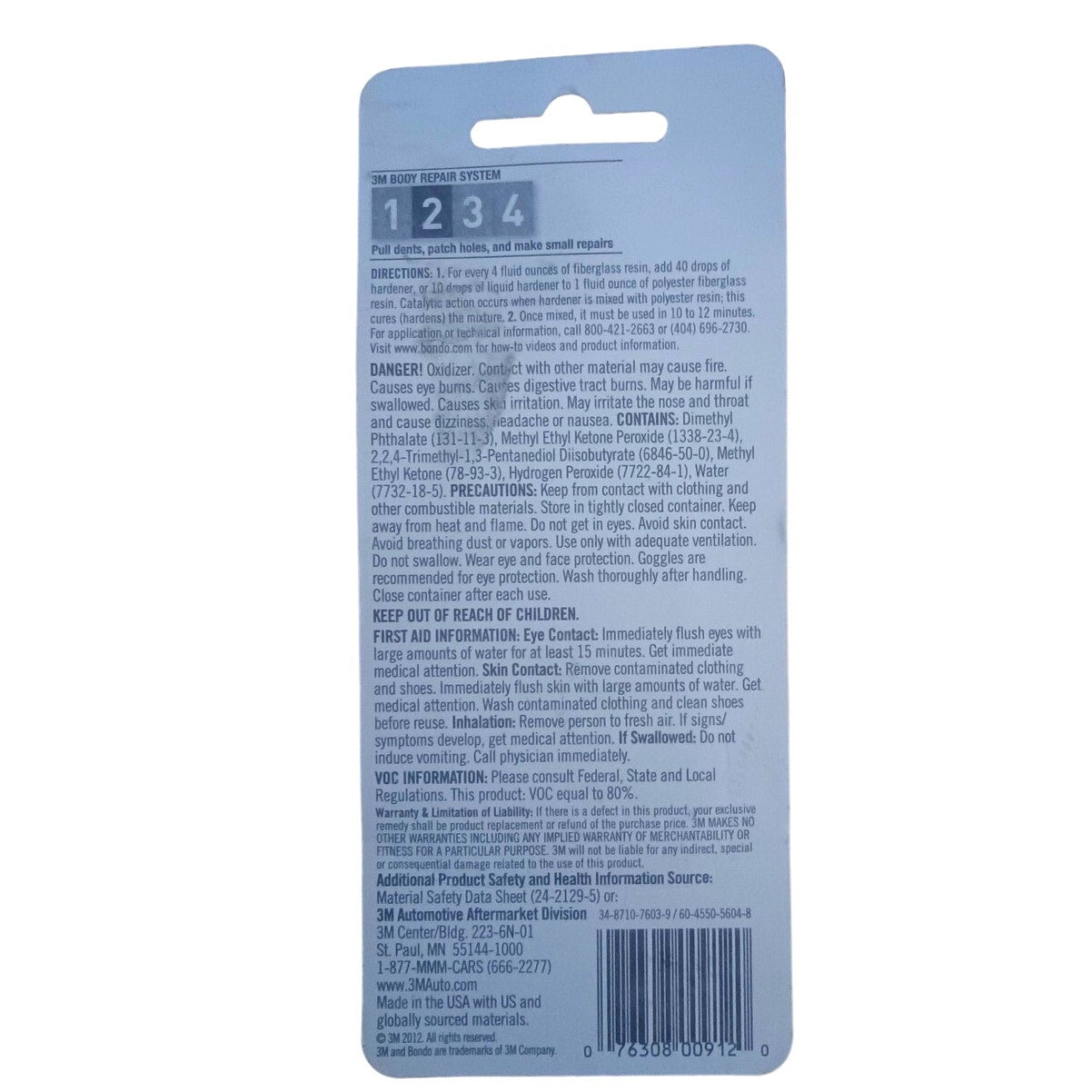 3M Bondo Resin Liquid Hardener, 00912, .37 oz Filler, NIP