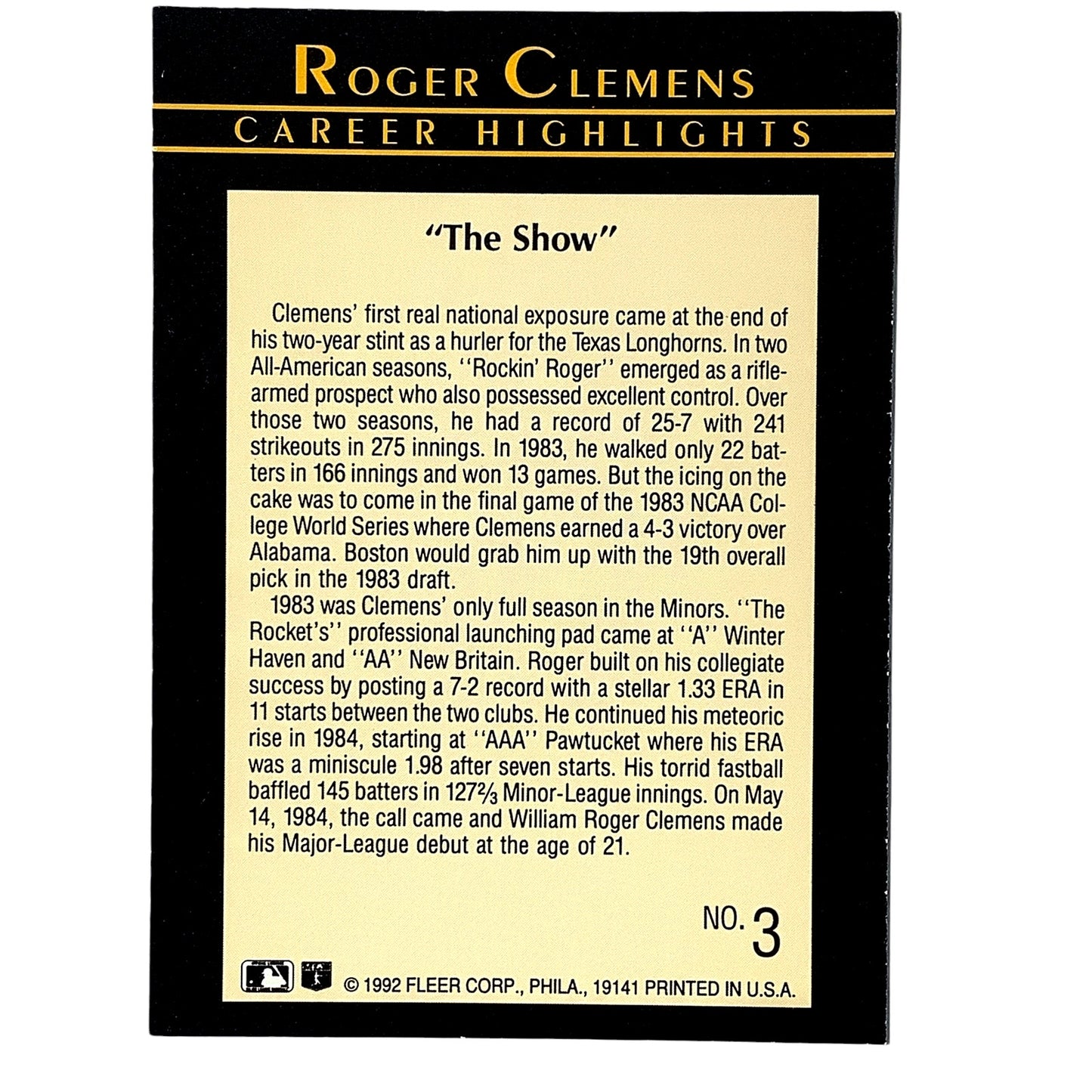 1992 Fleer, Roger Clemens Career Highlights Cards, Card #3, She Show, NM+