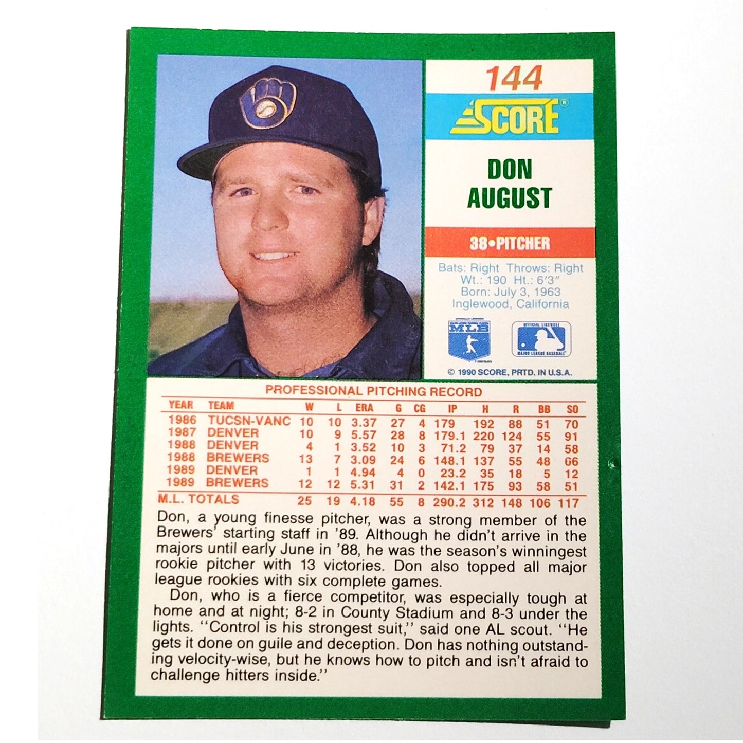 1990 Score Don August Card No. 144 Milwaukee Brewers Pitcher MLB EX