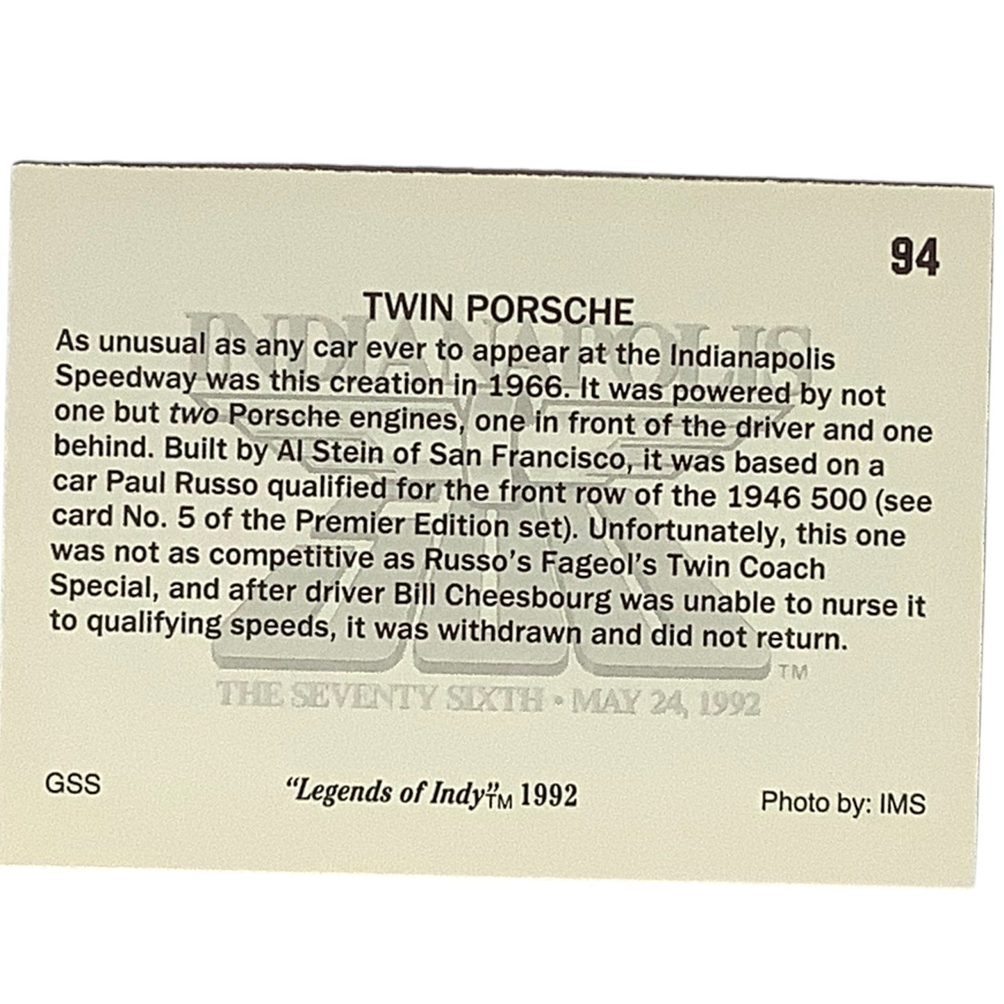 1966 Twin Engine Porsche at Indianapolis 500, 1992 Legends of Indy, Card 94, NM+
