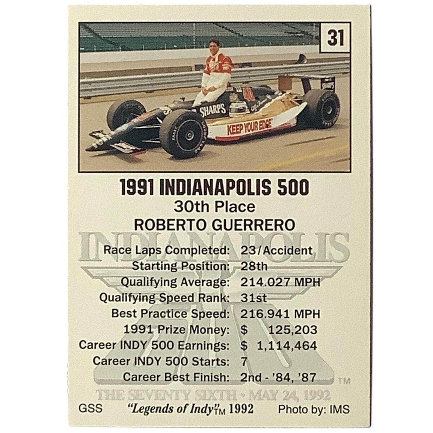 Roberto Guerrero 30th Place at Indy 1991 Action 1992 Legends of Indy Card 31 NM+