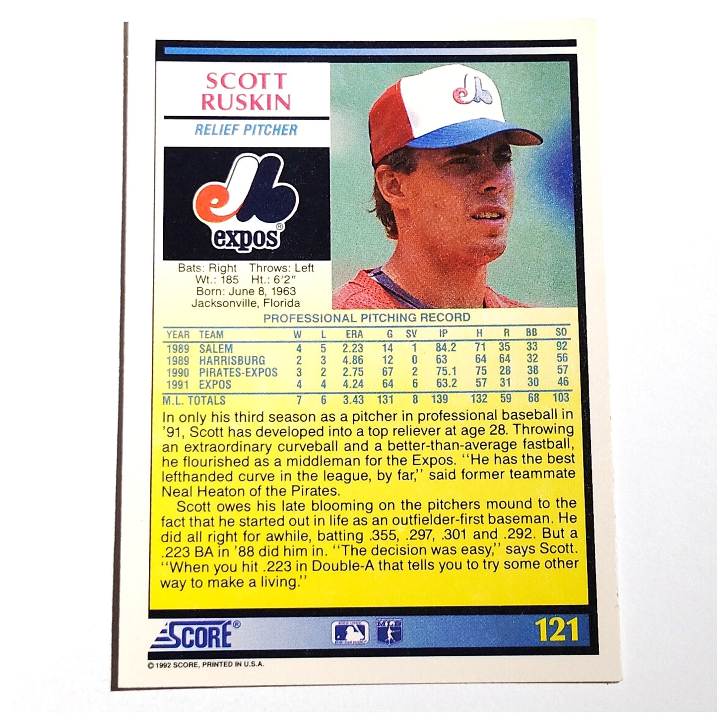 1992 Score Scott Ruskin #121 Montreal Expos Relief Pitcher MLB Baseball NM