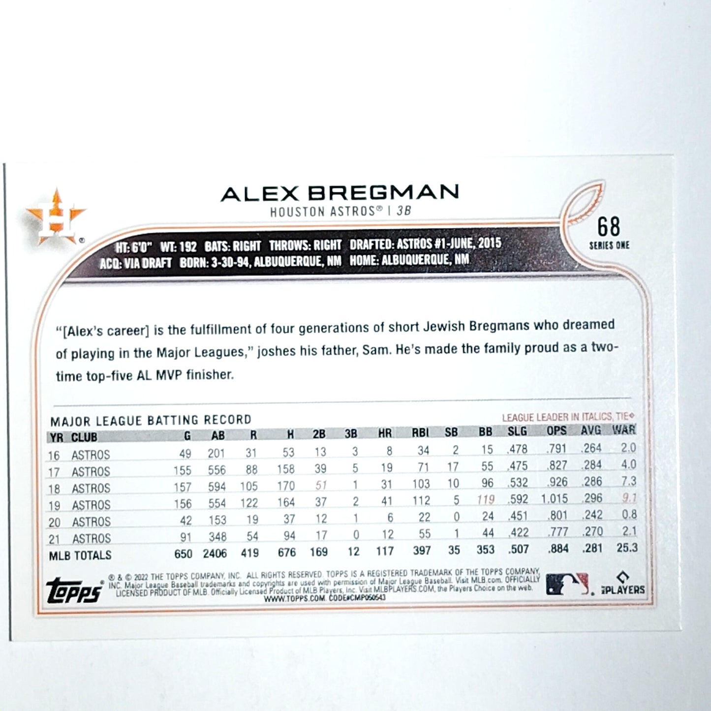 2022 Topps #68 Alex Bregman Houston Astros 3rd Base - VG/EX