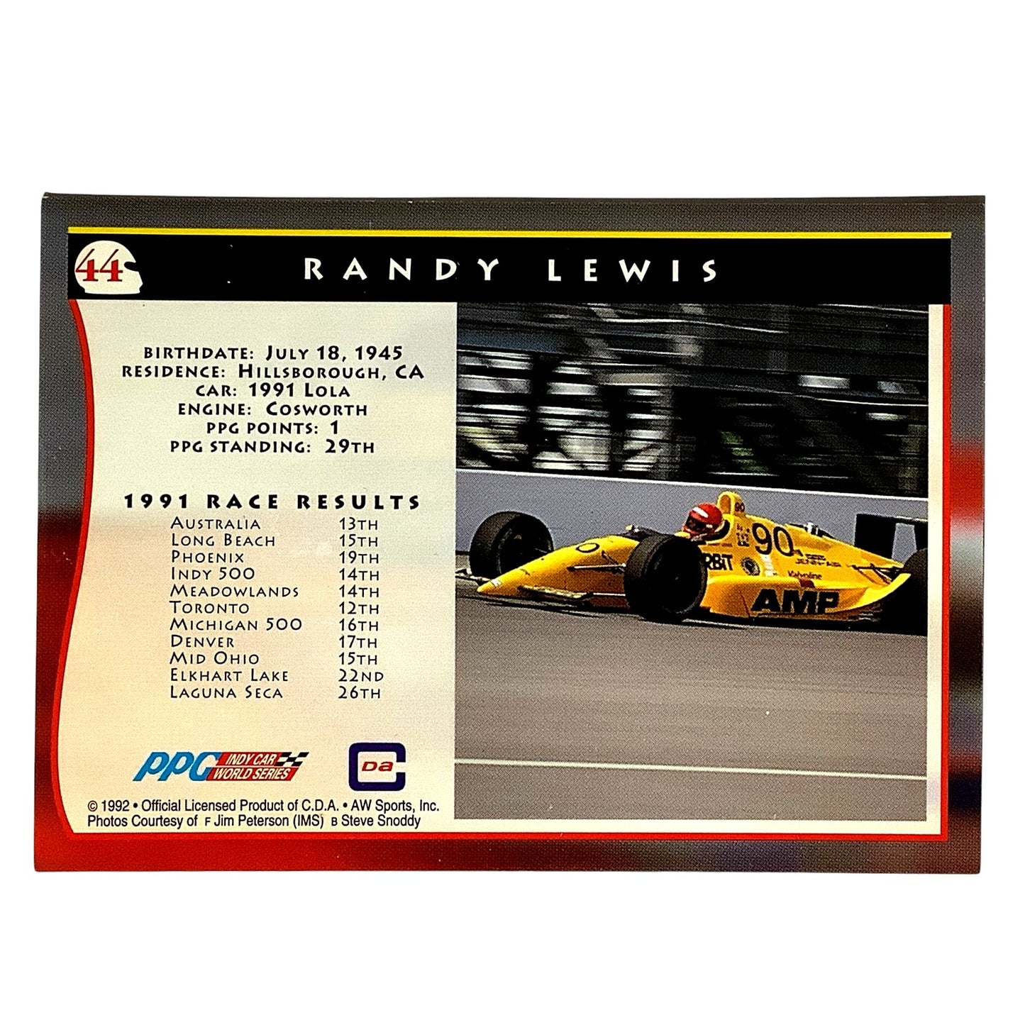 Indy Driver- Randy Lewis #90 AMP, 1992 Indy Car World Series, Card #44, NM