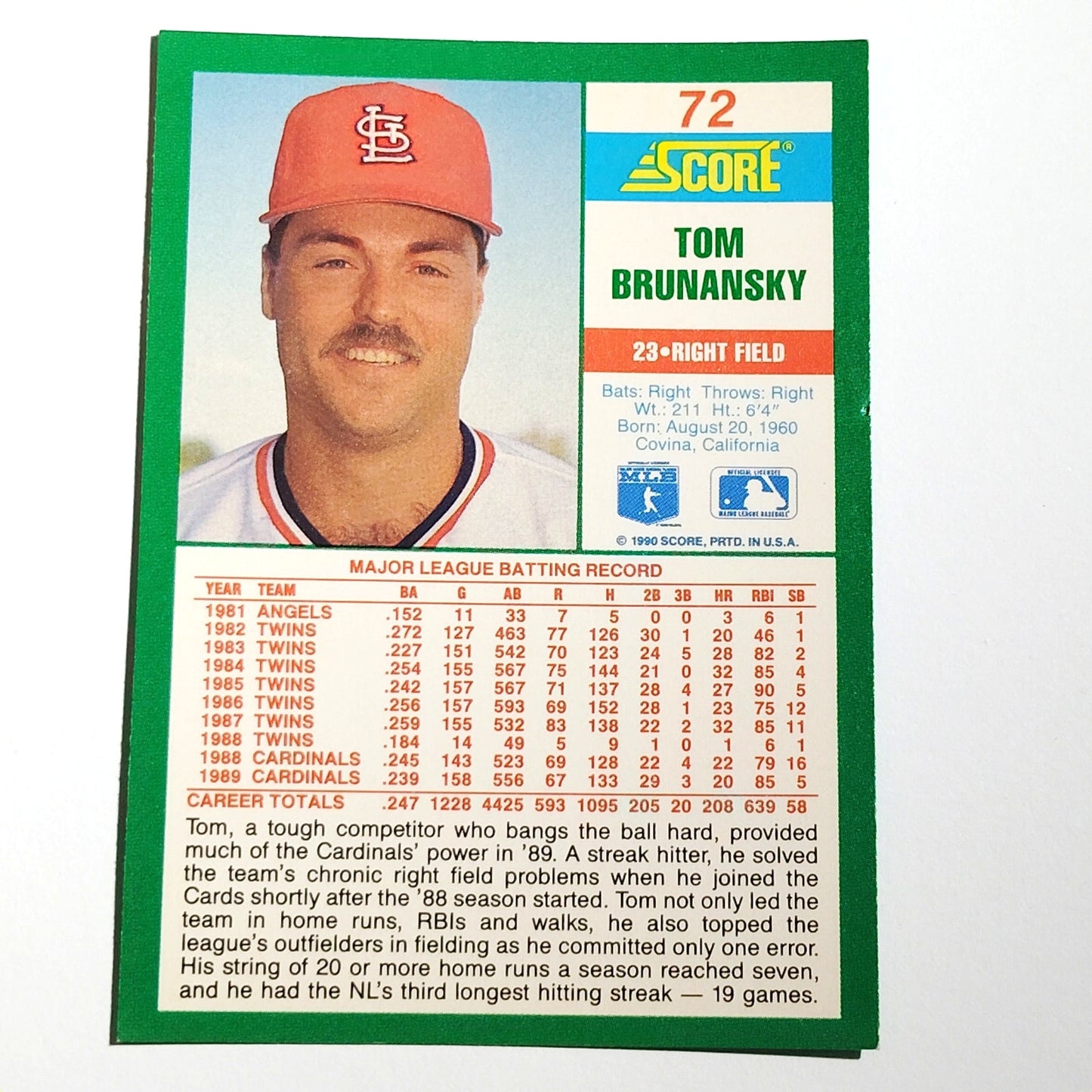 1990 Score Tom Brunansky Card No. 72 St. Louis Cardinals RF VG/EX