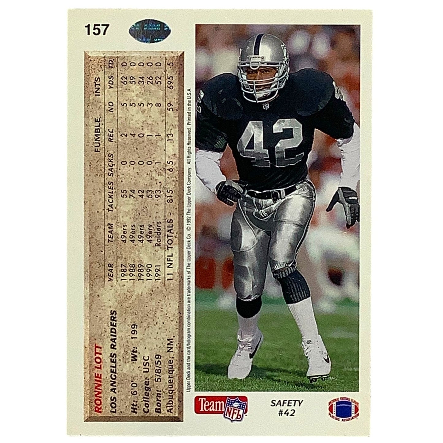 Ronnie Lott, Oakland Raiders, NFL 1992 Upper Deck Card 157, EX/NM