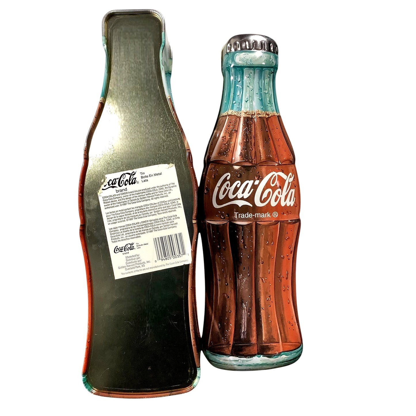 1997 Coca-Cola Bottle Shaped Tin, 13"H x 4"W x 3-1/4"D, No Dents, Few Scratches