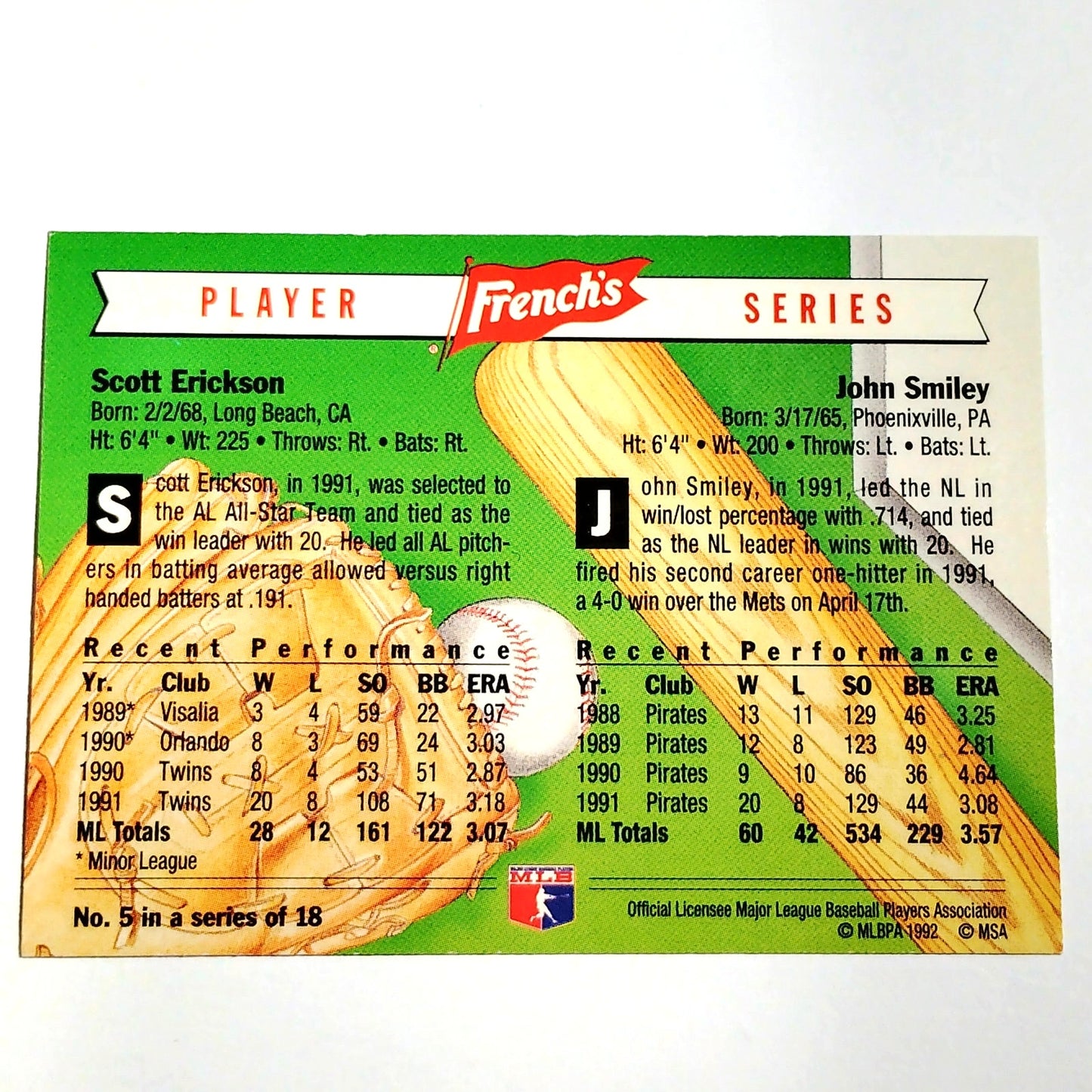 1992 French’s Mustard Scott Erickson John Smiley #5 MLB Baseball Card NM