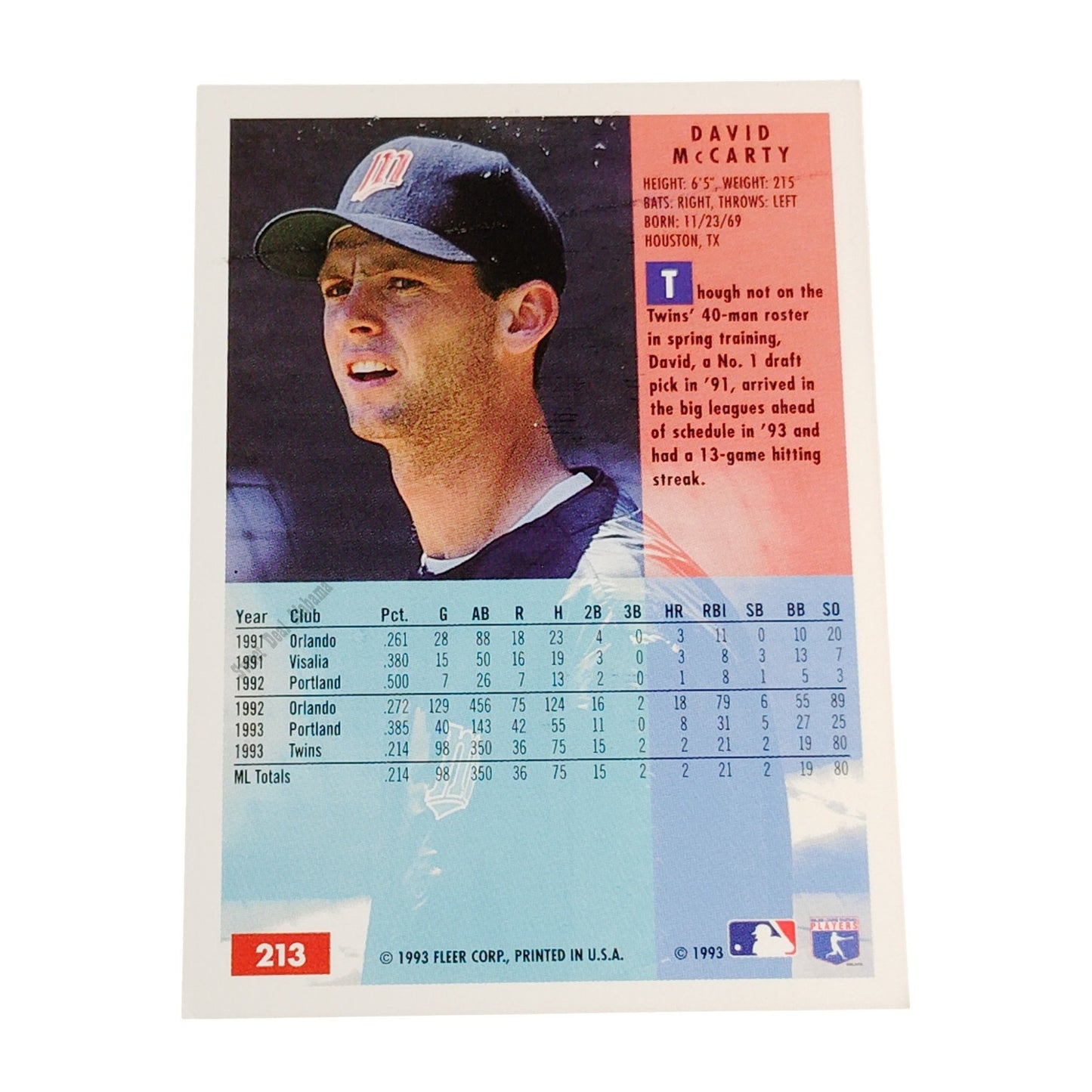 David McCarty, Minnesota Twins, #213, 1994 Fleer Baseball Collector's Card