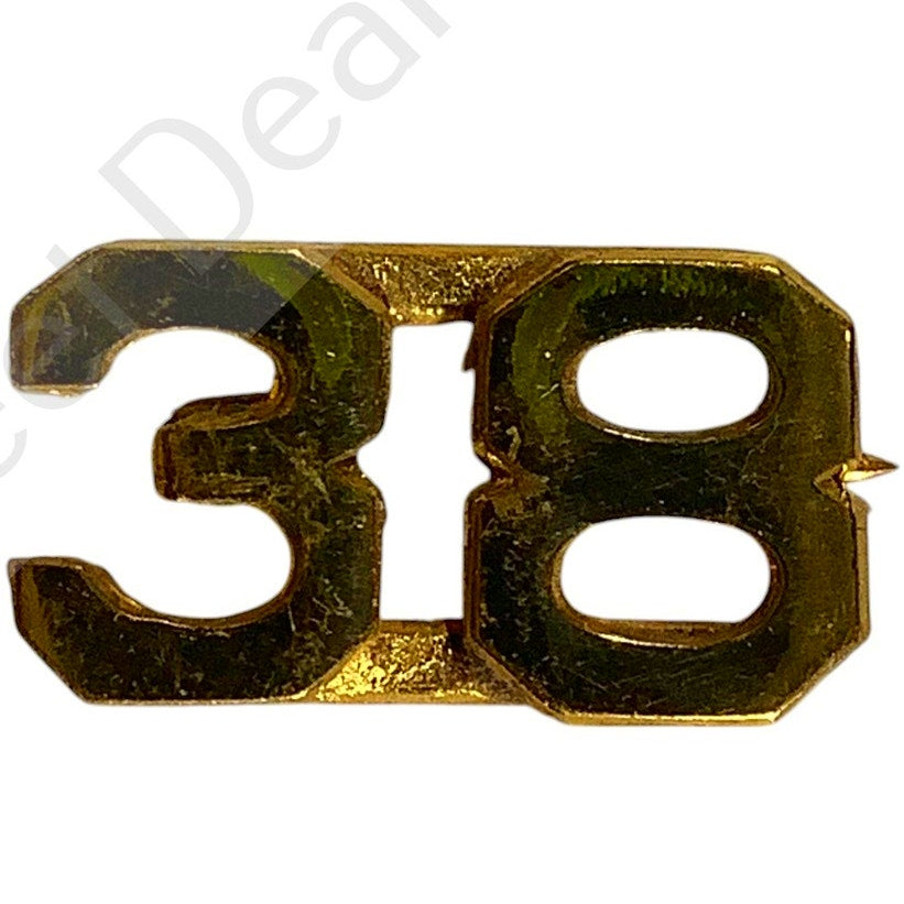 WWI Era Numeric "38", Brass Military C-Clasp Hat / Lapel / Collar Pins Set 3/8"H