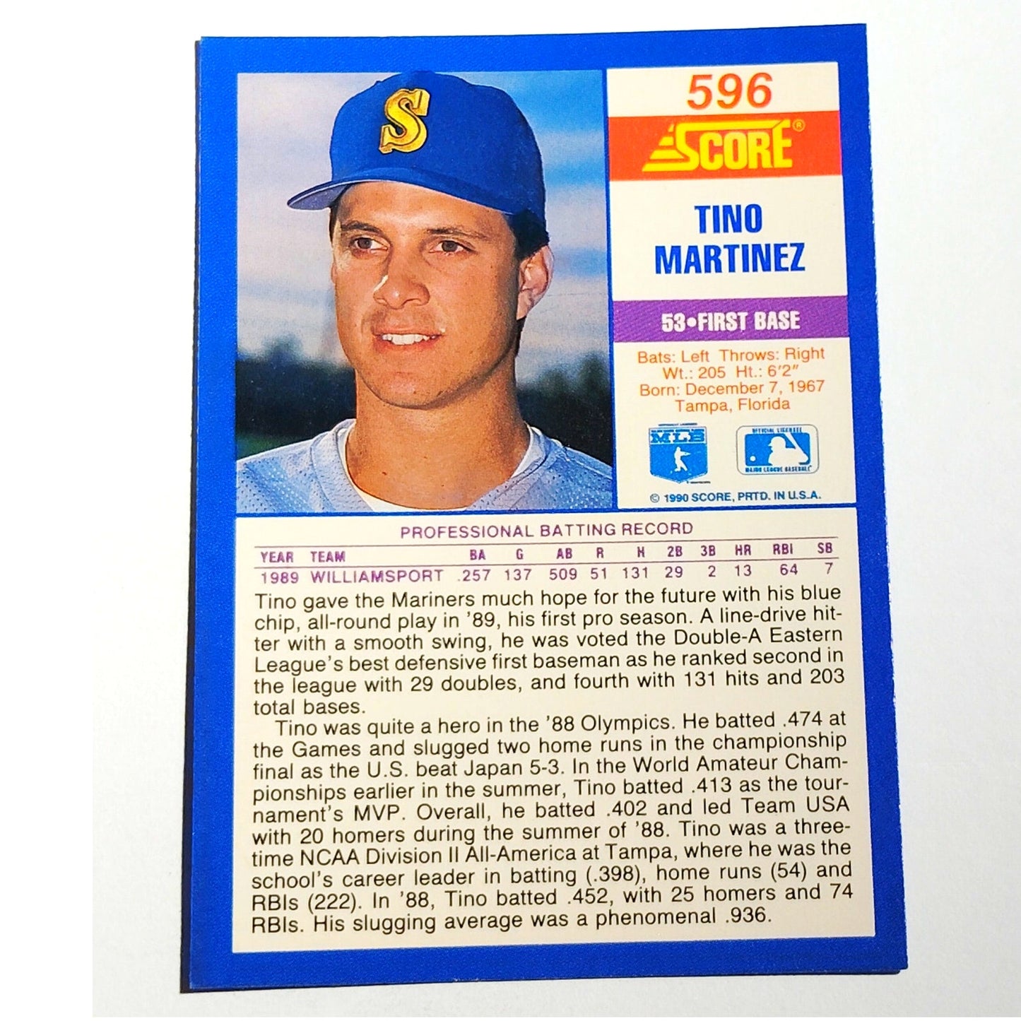 1990 Score Tino Martinez RC #596 Seattle Mariners First Baseman Rookie MLB EX