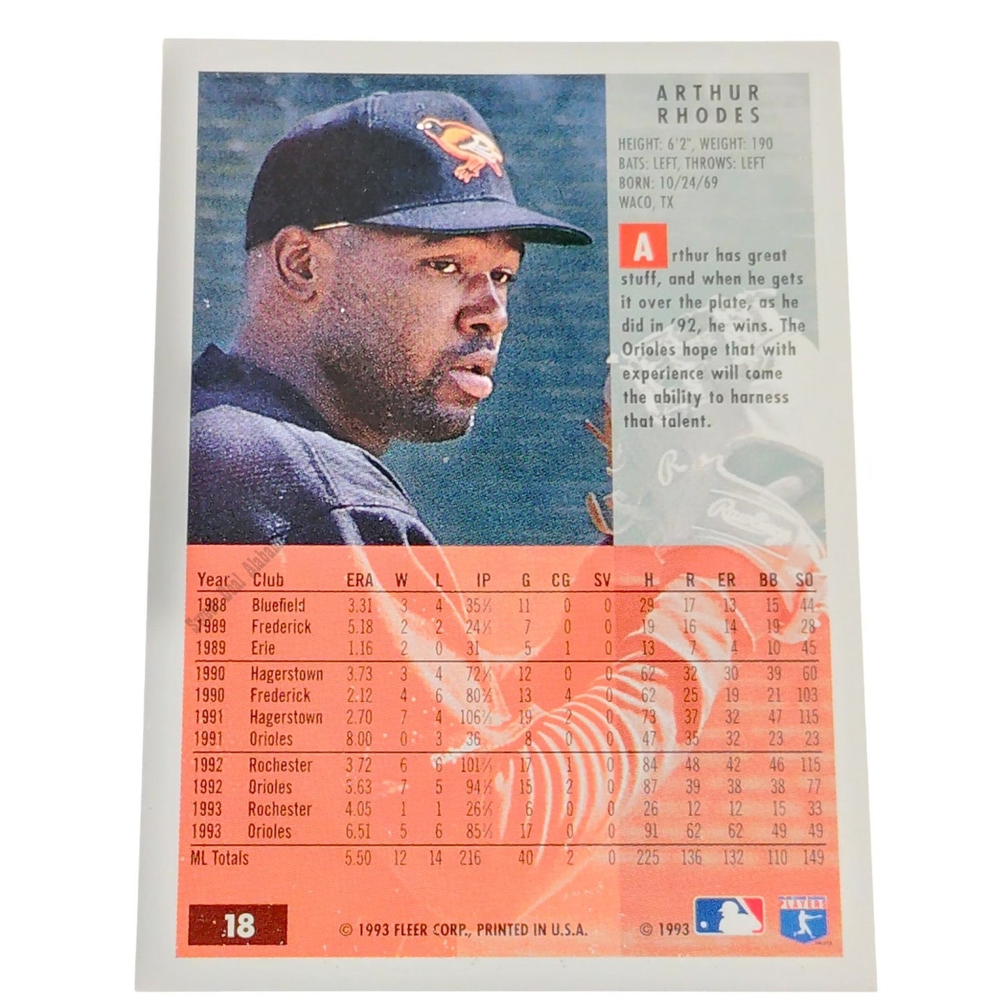 Arthur Rhodes, Baltimore Orioles, #18, 1994 Fleer Baseball Collector's Card