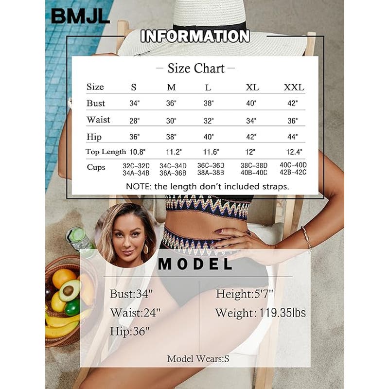 High Waisted Bathing Suits Ribbed Two Piece Bikini Set, V-Neck Push Up, SM, Black