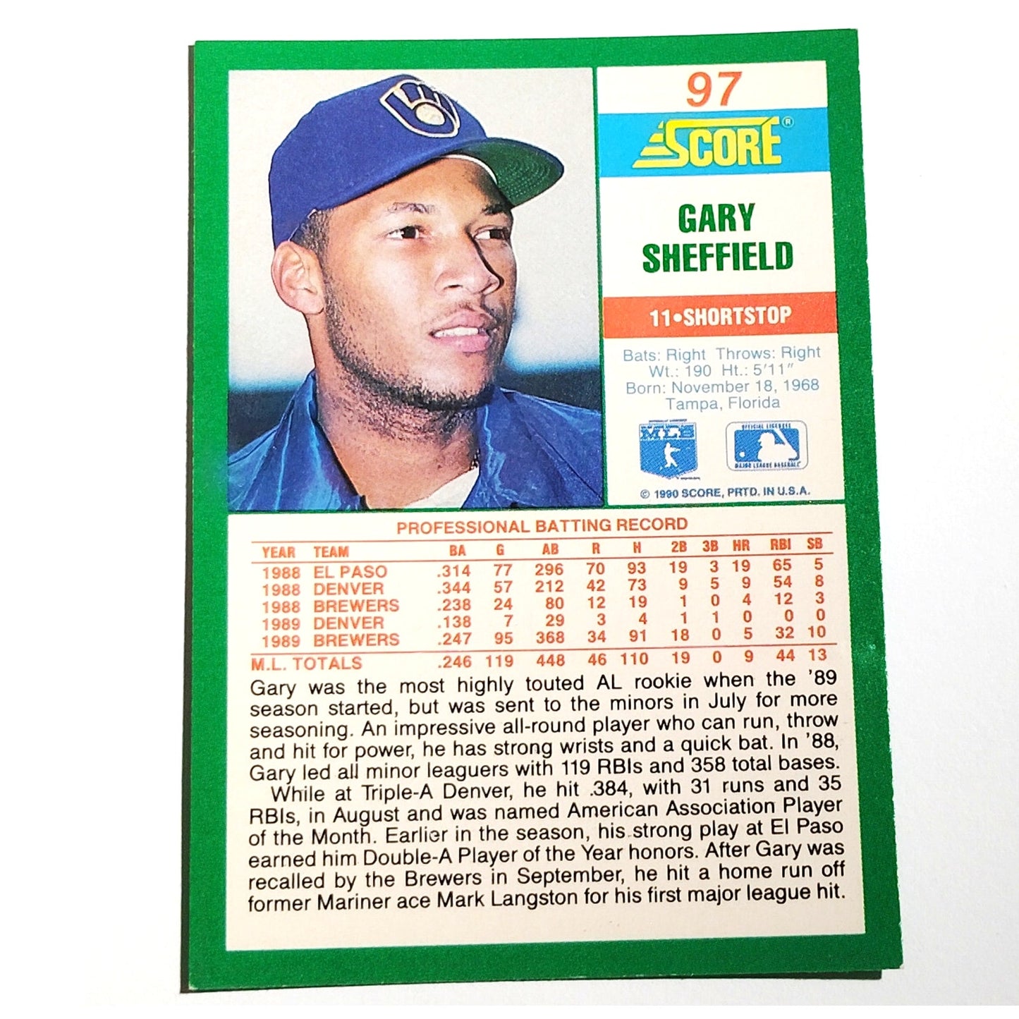 1990 Score Gary Sheffield Card No. 97 Milwaukee Brewers 3B VG/EX