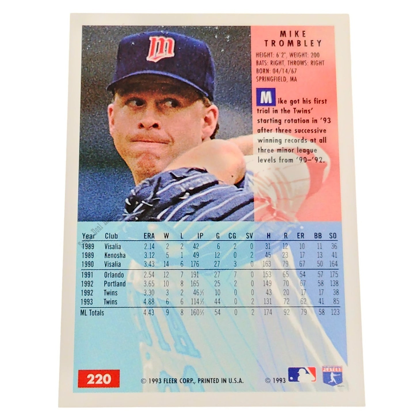 Mike Trombley, Minnesota Twins, #220, 1994 Fleer Baseball Collector's Card