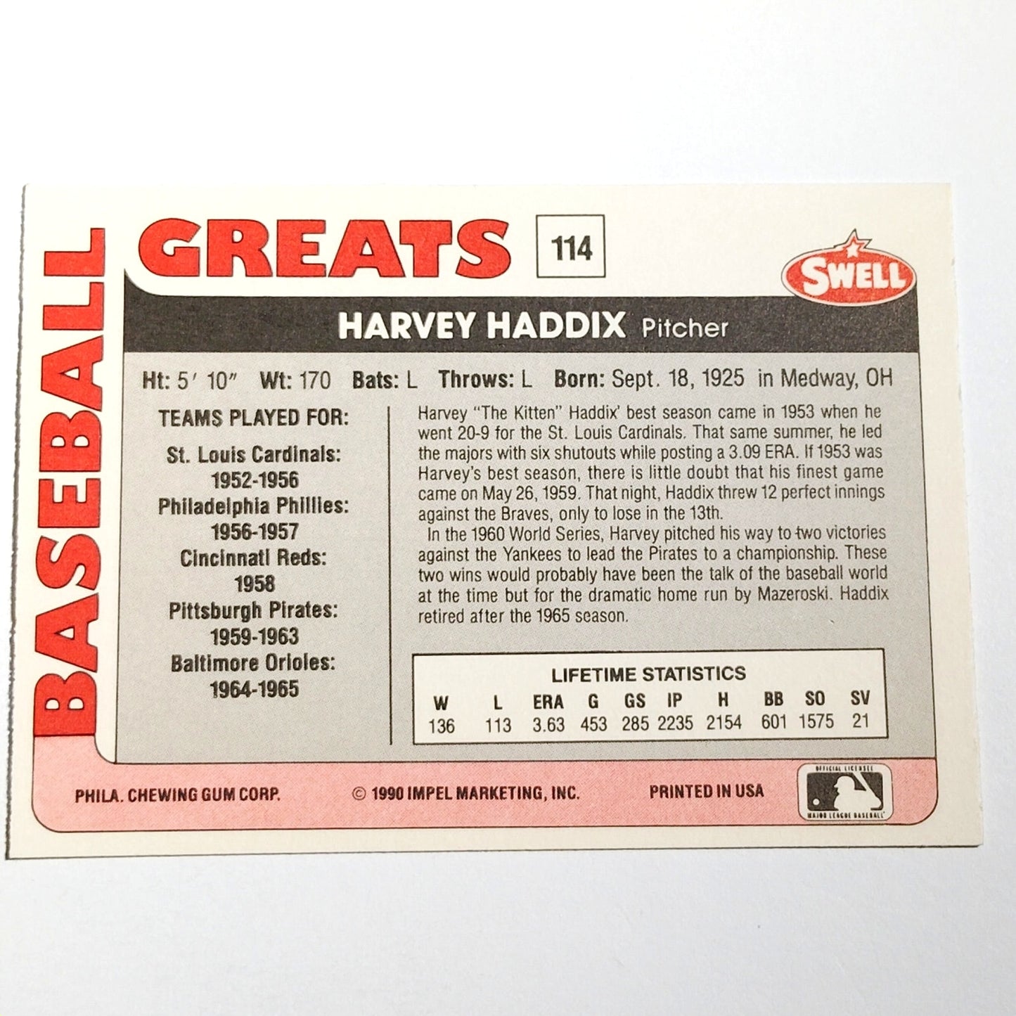1991 Swell Baseball Greats Harvey Haddix #114 Pittsburgh Pirates Pitcher NM
