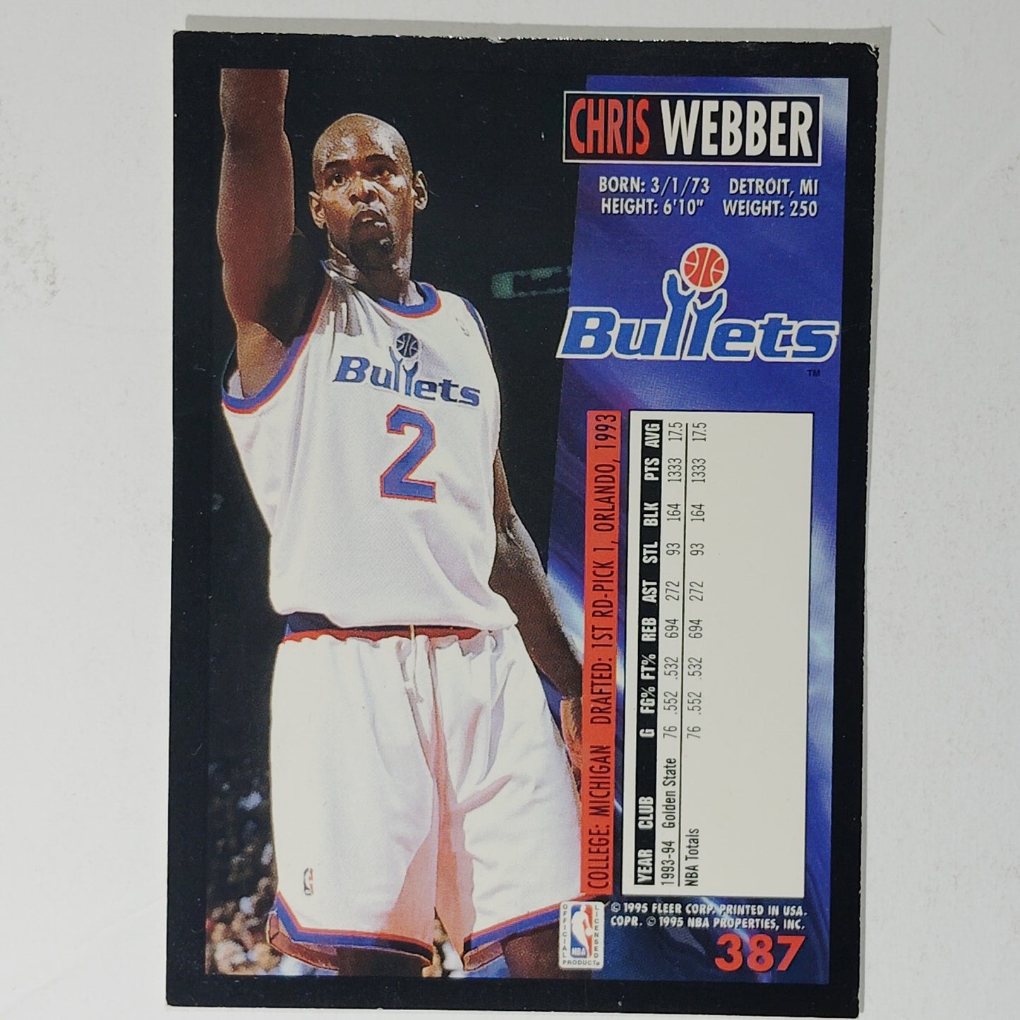 1994-95 Fleer Chris Webber Card No. 387 – Bullets – Forward – VG/EX