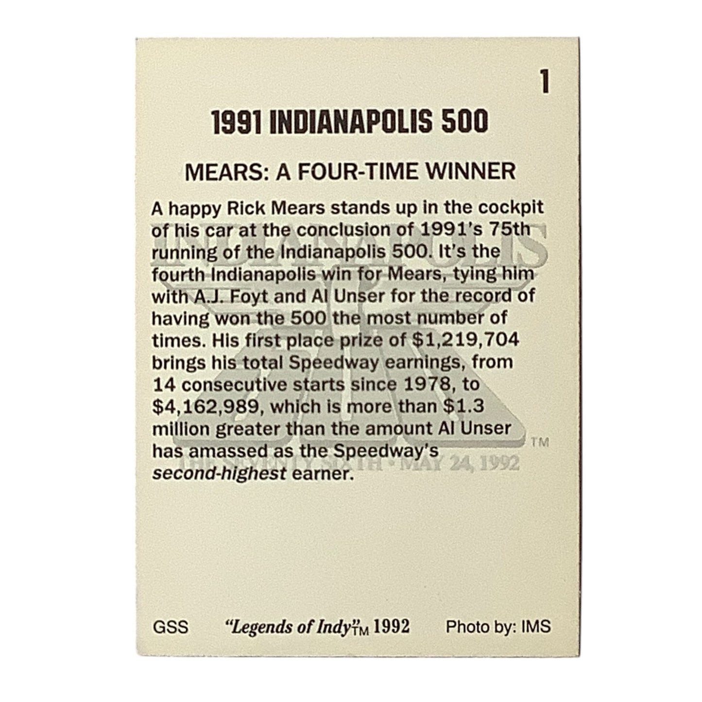Mears: A Four Time Winner of Indy, 1991 Action, 1992 Legends of Indy, Card 1 NM+