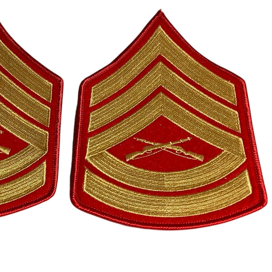 1 Set- USMC Gunnery Sergeant E-7 Gold on Red Embroidered Chevrons, Male