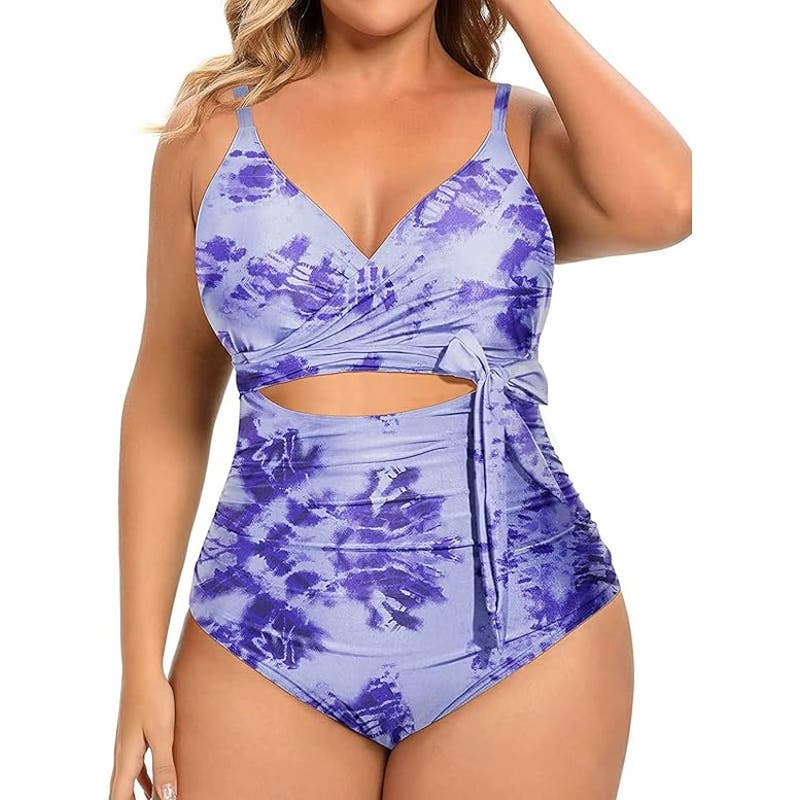 Daci Blue Tie Dye, One Piece High Waisted Tummy Control Cutout Lace up 14W Plus
