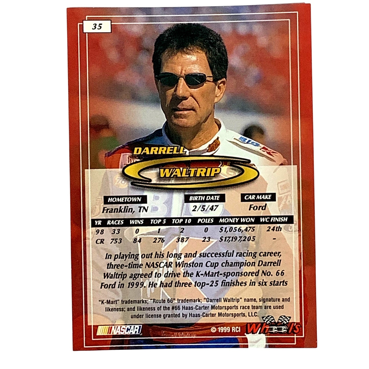 Darrell Waltrip, Sponsor: K-Mart, Card 35 1999 Wheels NASCAR Winston Cup, NM+