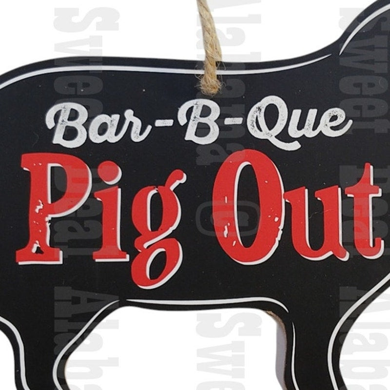 Wood Plaque / Sign Arrow "Bar-B-Que Pig Out" Pig 8" x 5 x 1/8"