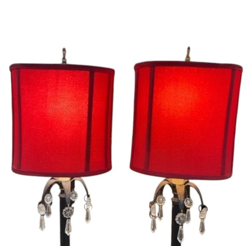 Vintage Lamps – Red Oval Shades, Acrylic Teardrops, Ornate Base, 34-3/4"H, EUC