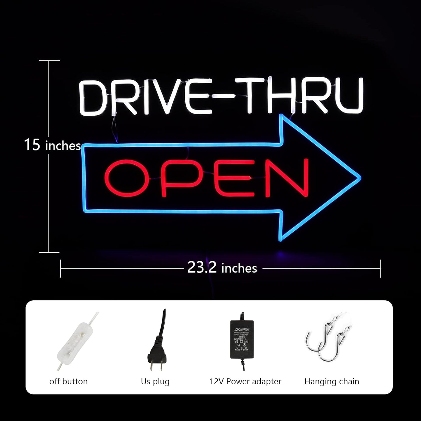 Drive Thru Open Neon Sign – 23.2×15", LED, Wall Decor, 12V Adapter Included