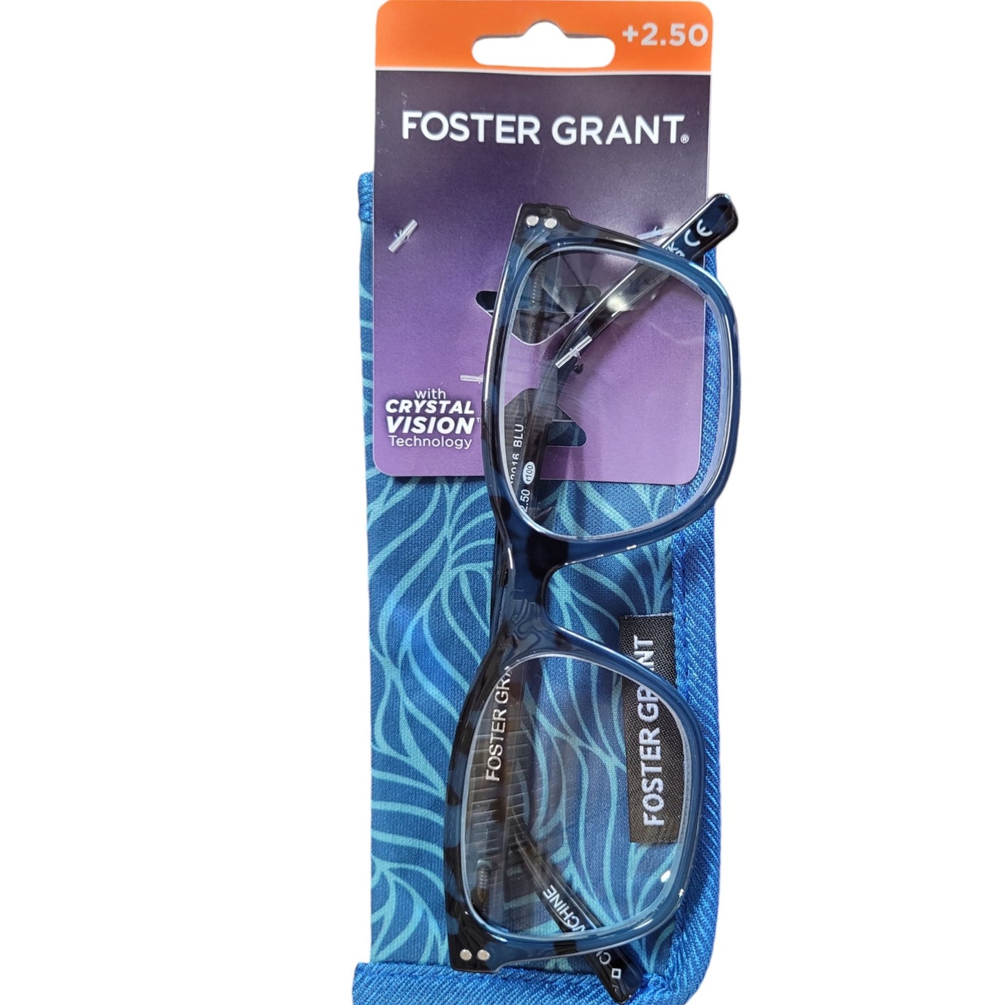 Foster Grant Crystal Vision BLU Reading Glasses, Clear Blue with Case +2.50