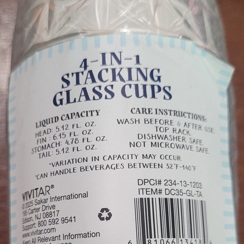 Vivitar 4-in-1 Stacking Glass Cup Set Novelty Design, Dishwasher Safe