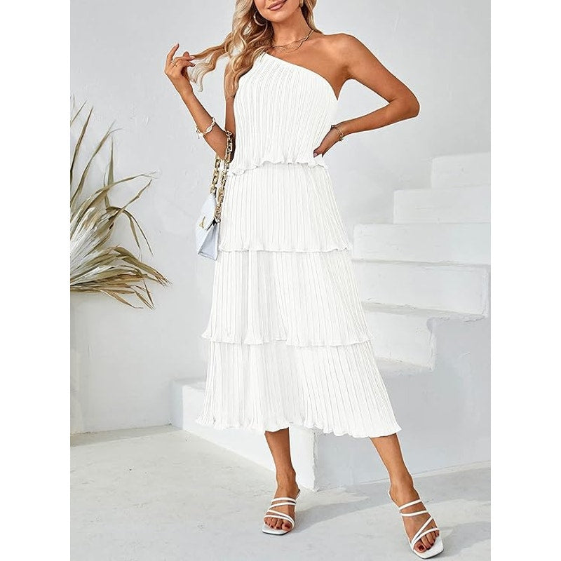 Summer One-Shoulder Sleeveless Pleated Ruffle Tiered Layered Chiffon Party Dress