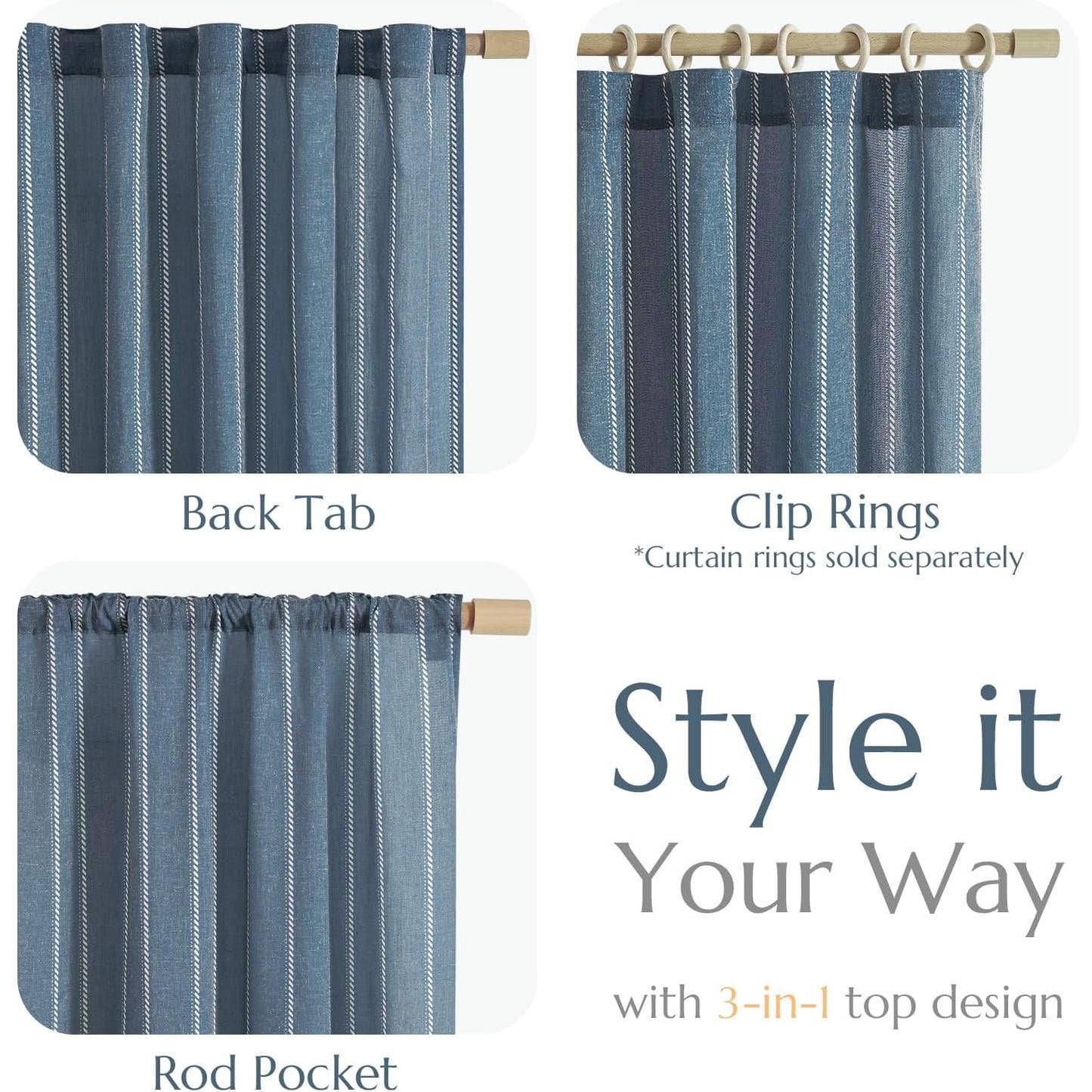 Linen Curtains 50"W x 84"L Blue Sailor Striped Panels (2) Rustic Farmhouse