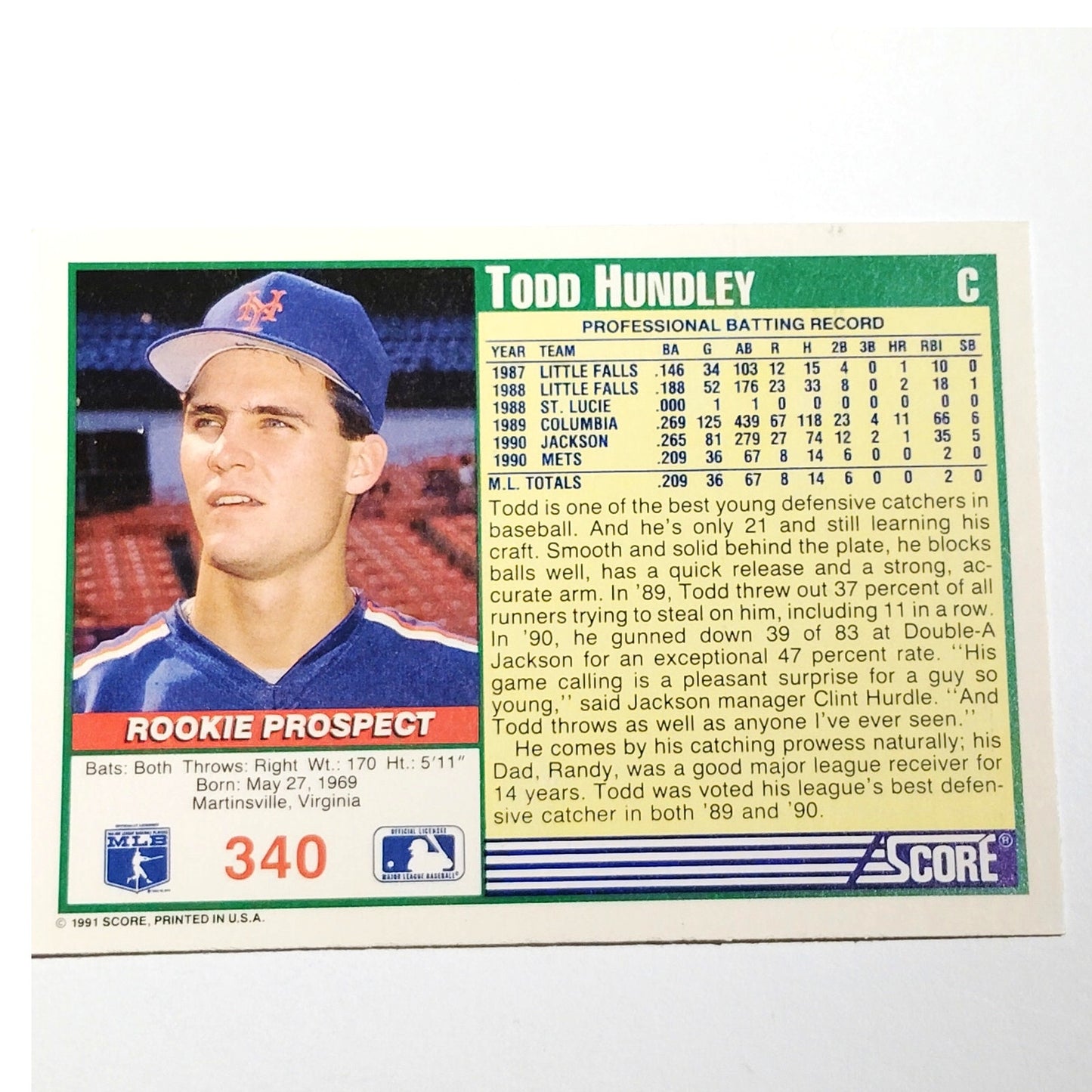 1991 Score Todd Hundley #340 New York Mets Catcher Rookie Prospect Card NM
