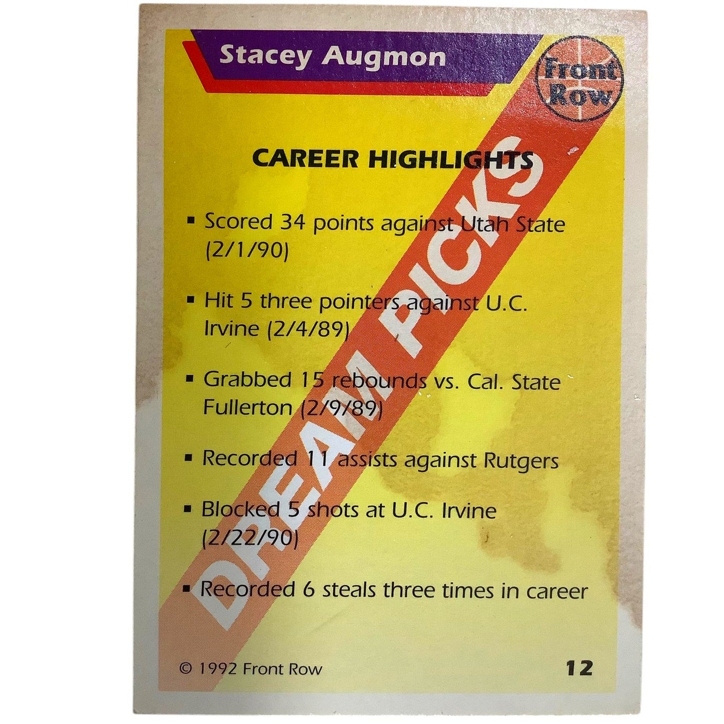 Stacey Augmon, UNLV Rebels, 1992 Front Row Dream Picks Basketball Card 12, EXC