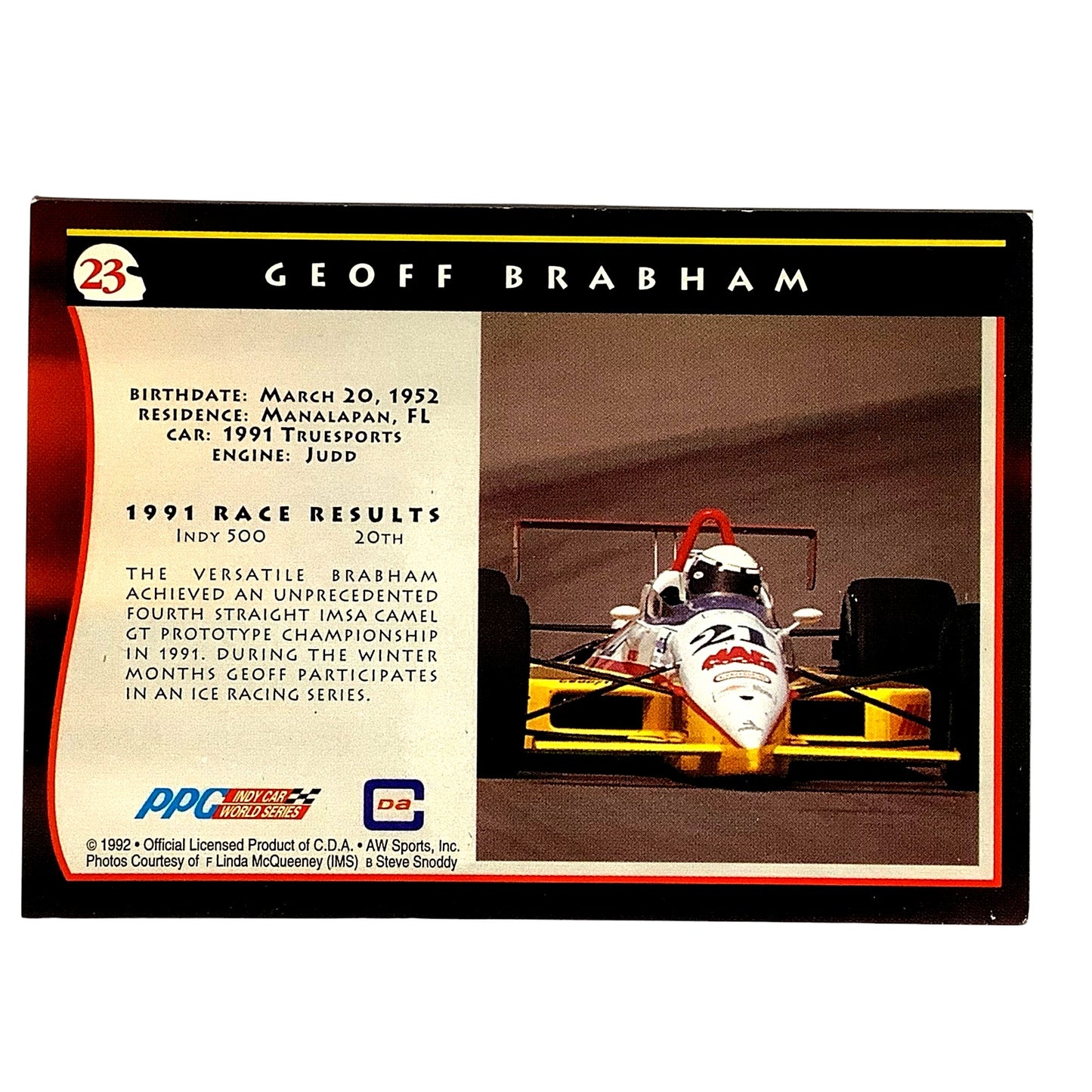 Indy Driver- Geoff Brabham #21, 1992 Indy Car World Series, Card #23, NM