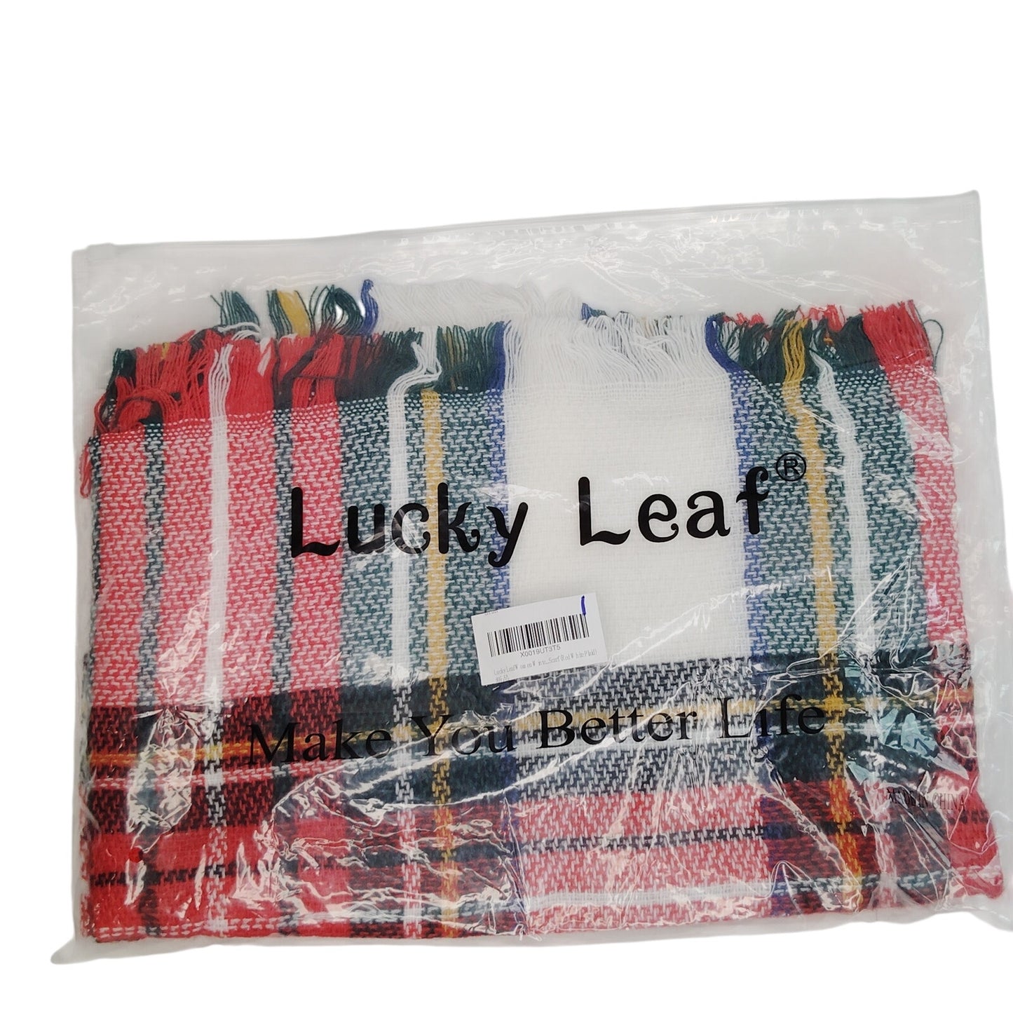 Lucky Leaf Infinity Scarf w/ Tassels Lightweight 100% Acrylic, Red White Plaid