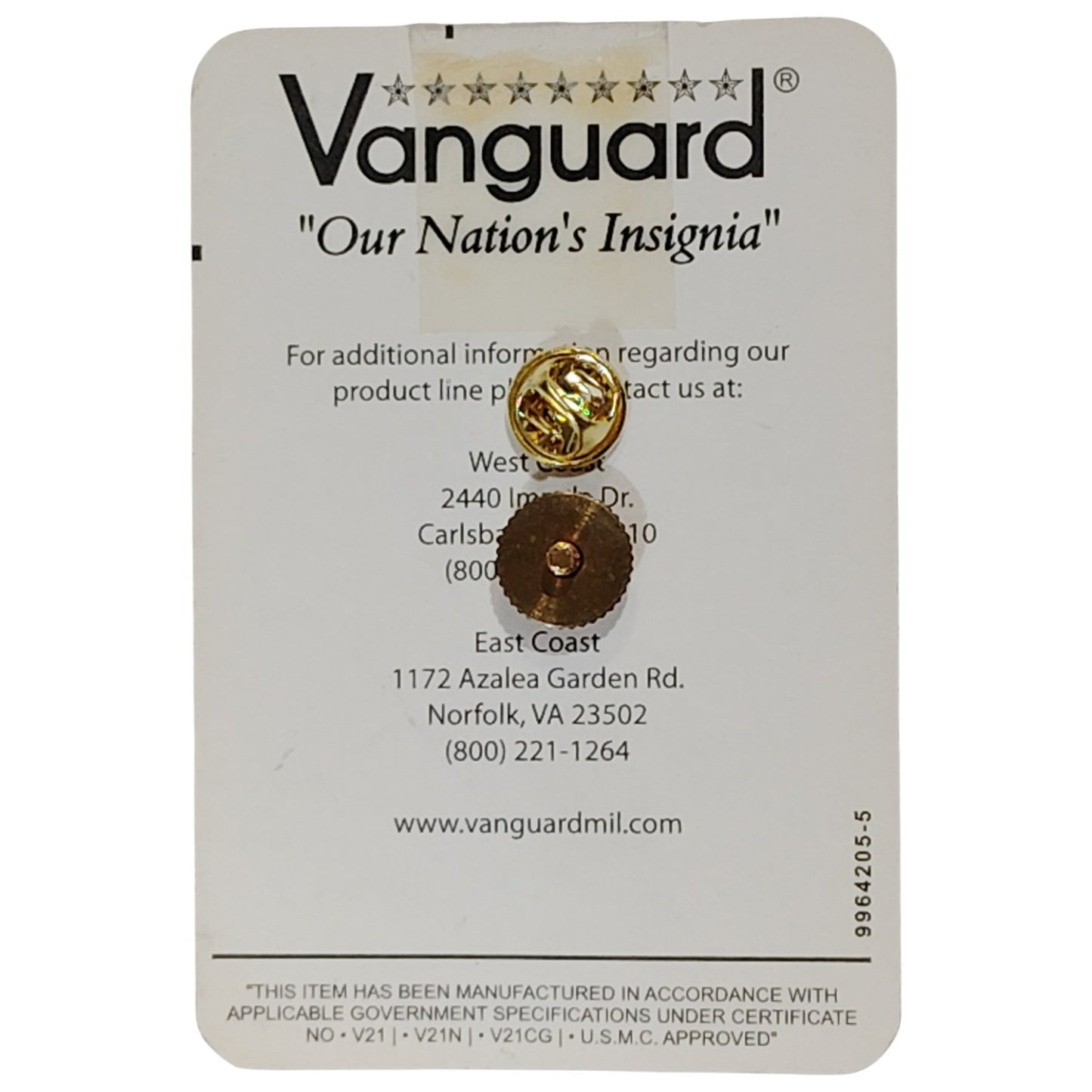 Vanguard USCG Cap Device Pin – E9 Master CPO – Regulation Size – 1-1/4" x 2-1/8"