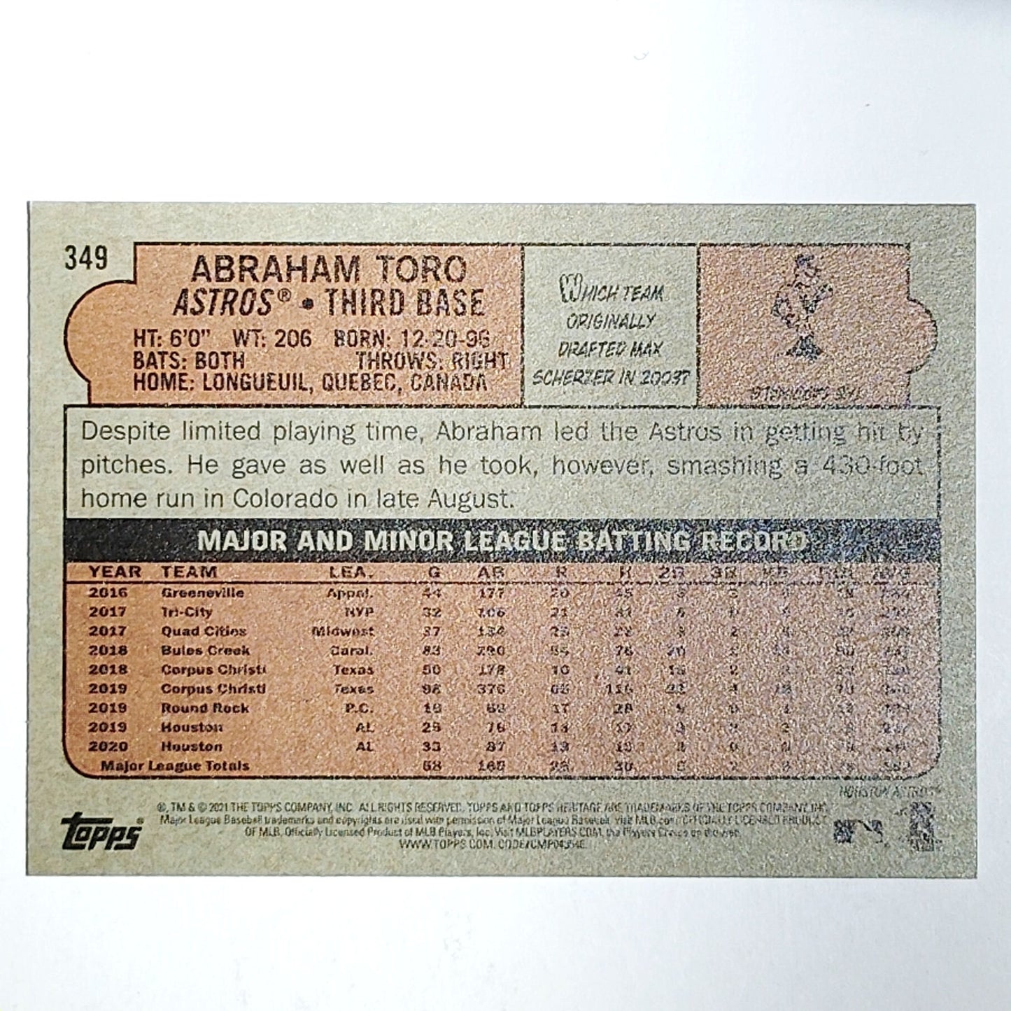 2021 Topps Heritage Abraham Toro 349 Houston Astros Third Base VG/EX