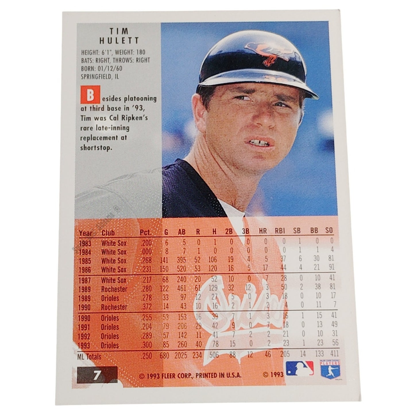 Tim Hulett, Baltimore Orioles, #7, Fleer 1994 Baseball Collector's Card