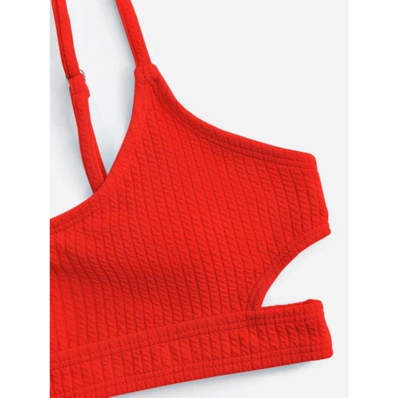 ZAFUL Cutout Bikini Scoop Neck Ribbed High Cut Bikini Sets Two Piece Red, M (6)