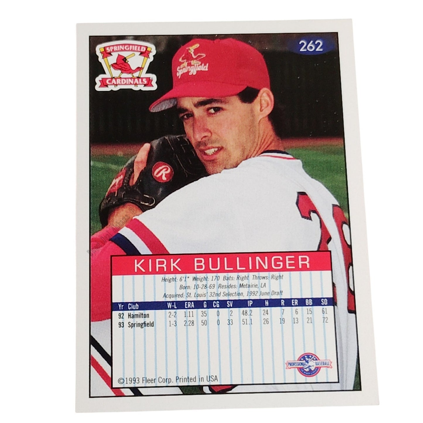 Kirk Bullinger, Springfield Cardinals, #262, 93-94 Fleer Excel Minor Leagues