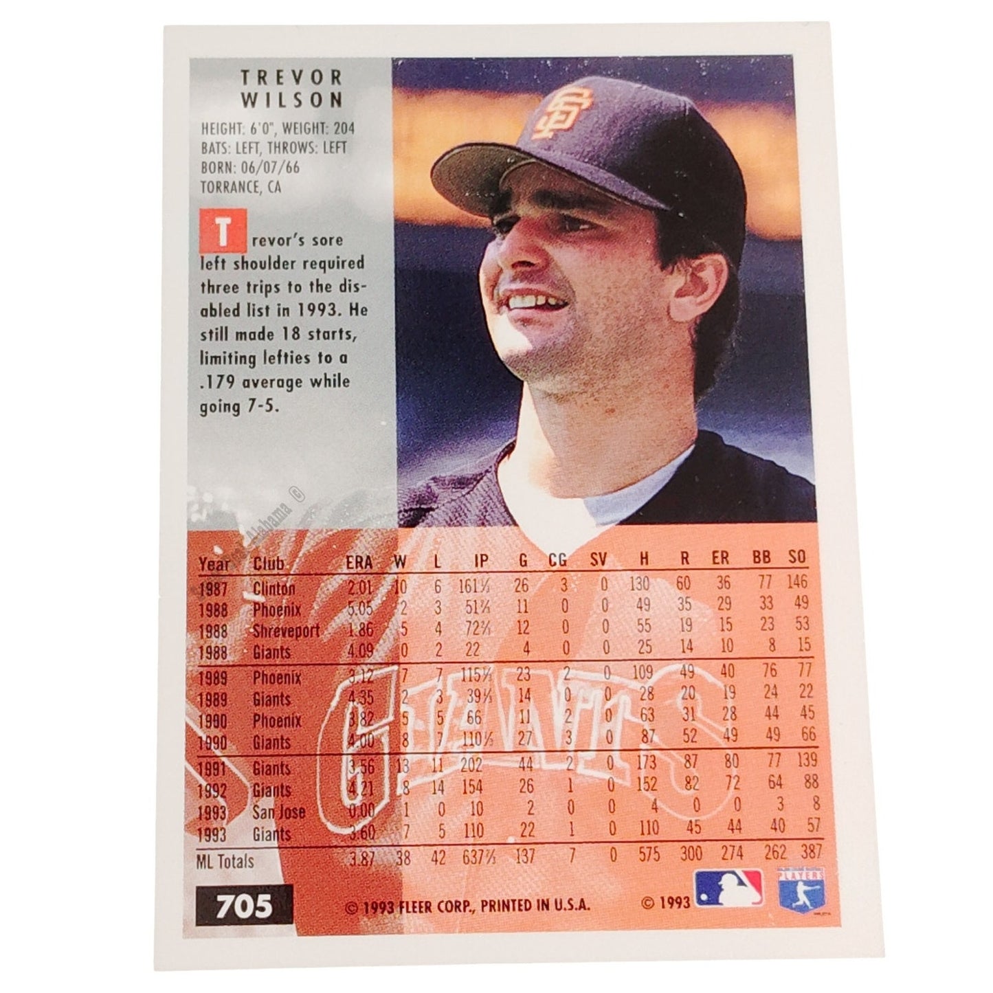 Trevor Wilson, San Francisco Giants, #705, 1994 Fleer Baseball Collector's Card