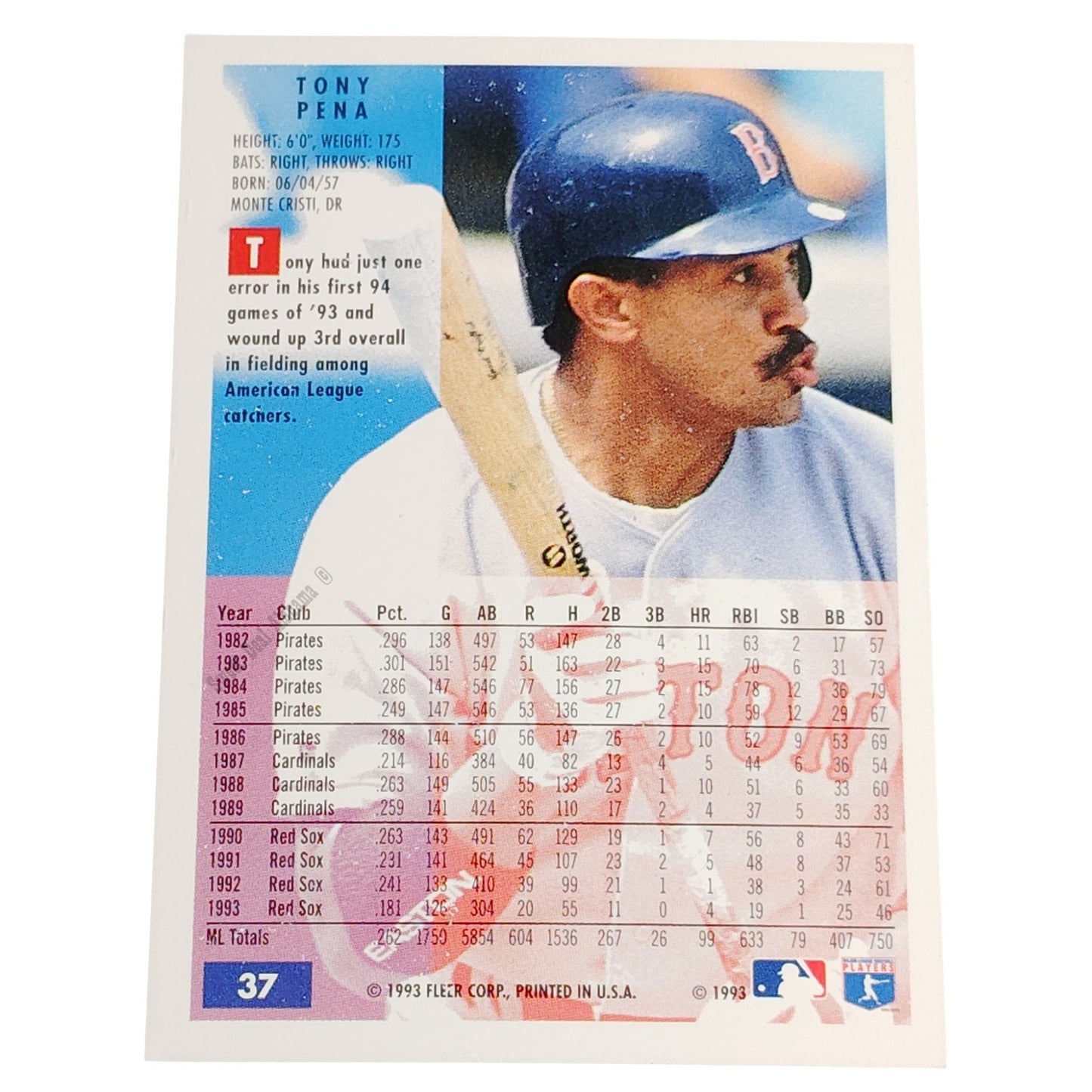 Tony Pena, Boston Red Sox, #37, 1994 Fleer Baseball Collector's Card