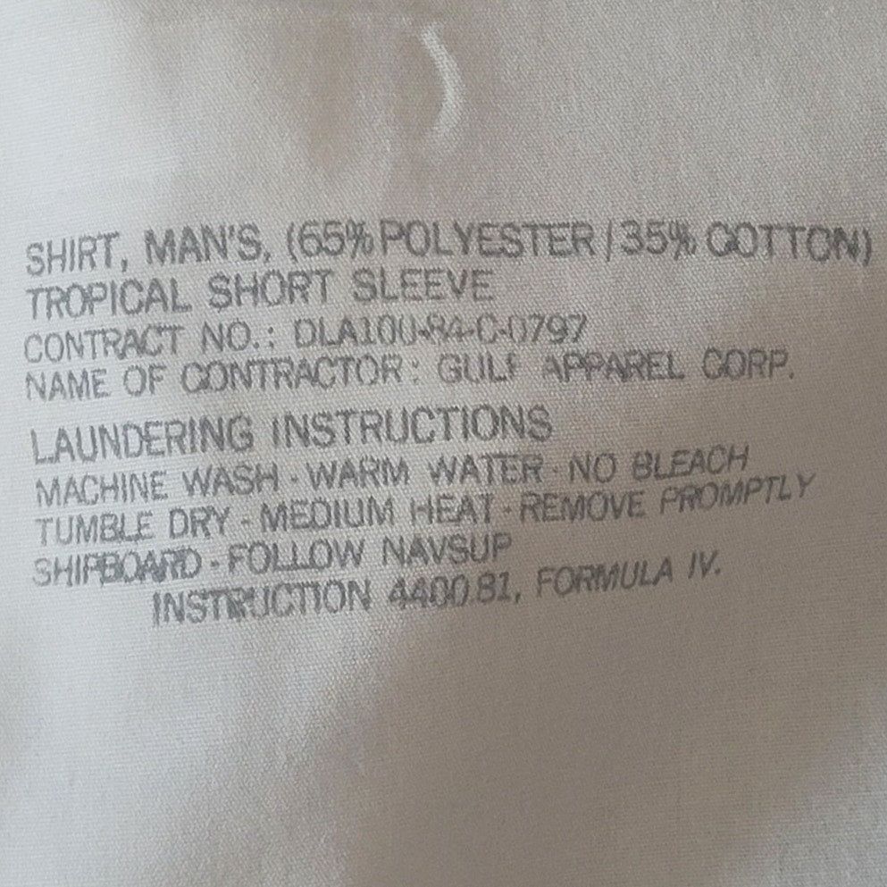 1984 U.S. Navy Tropical Short Sleeve Shirt, White, 65/35 Poly-Cotton, NAS Jacksonville & (E-6) Patch