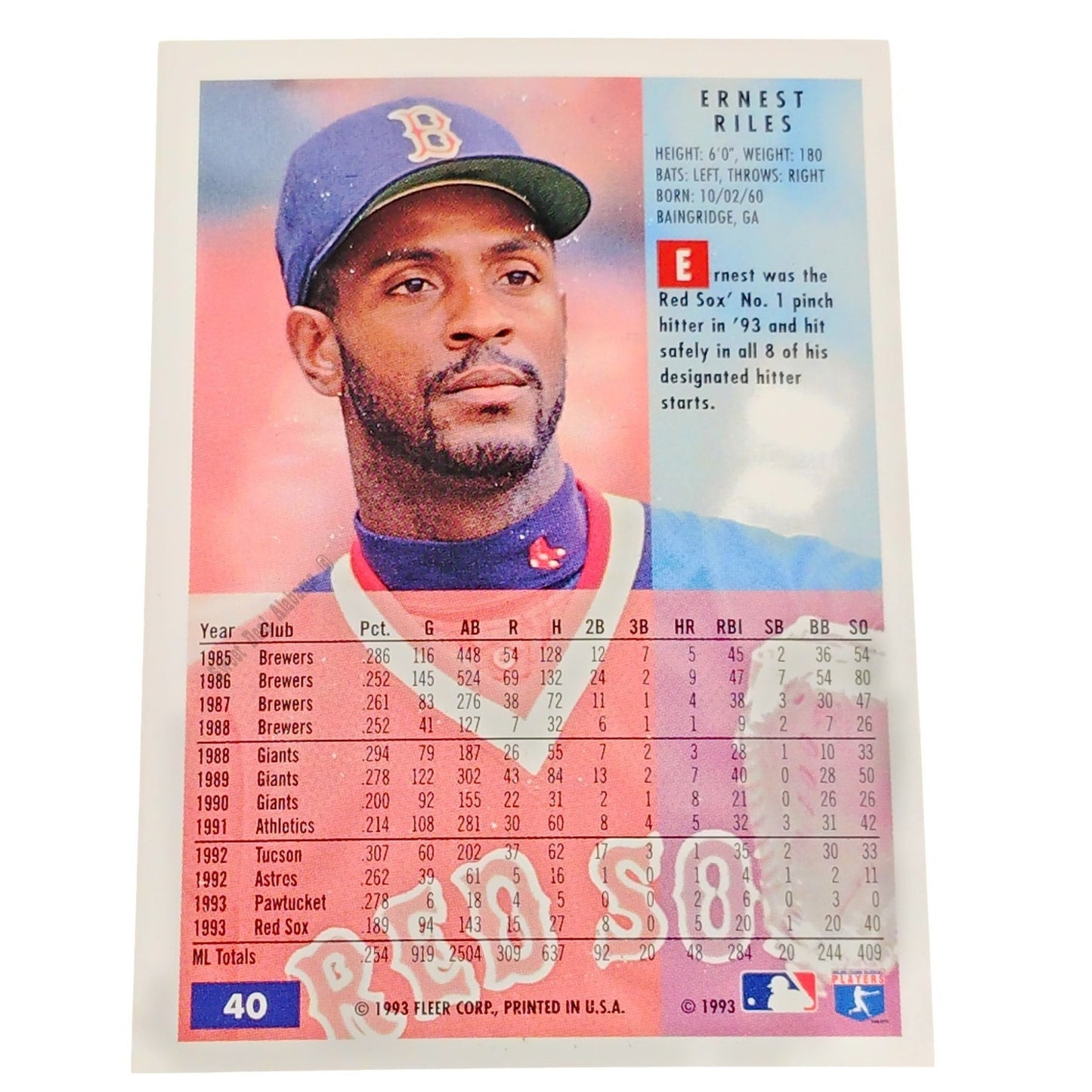 Ernest Riles, Boston Red Sox, #40, 1994 Fleer Baseball Collector's Card