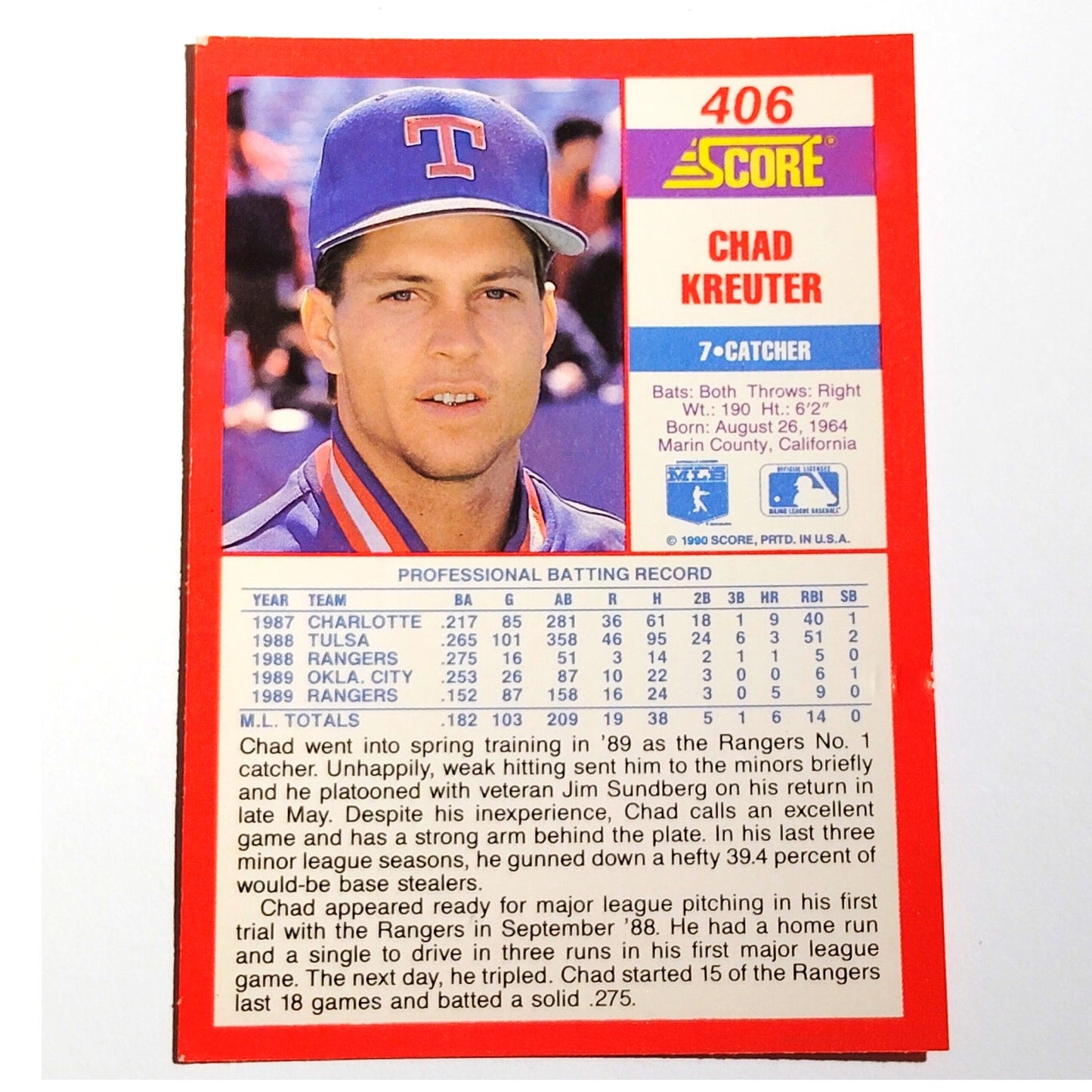 1990 Score Chad Kreuter #406 Texas Rangers Catcher MLB Baseball EX