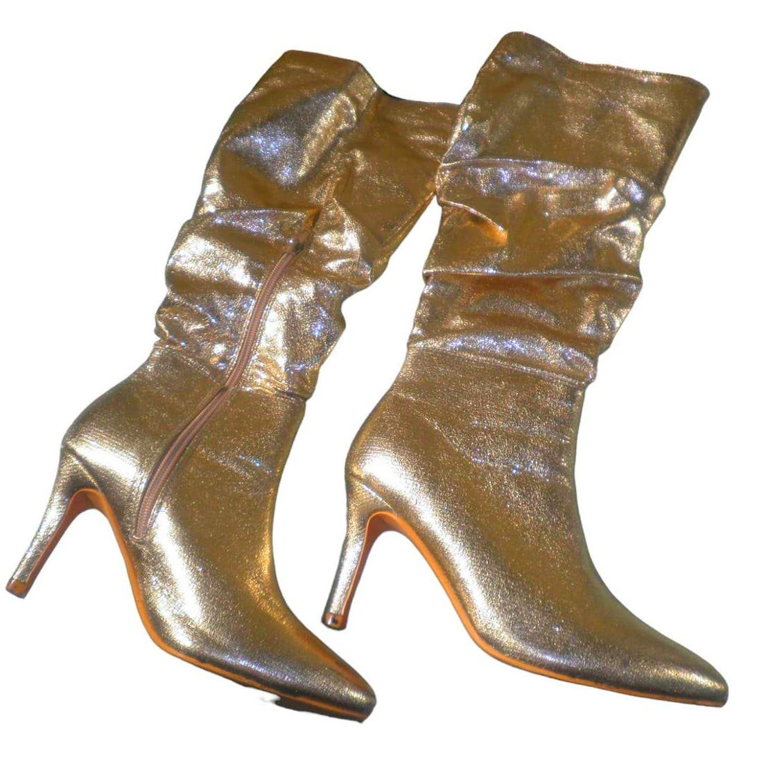 Allegra K Women's Gold Metallic Pointed Toe Slouch Stiletto Heels Knee High, 6.5