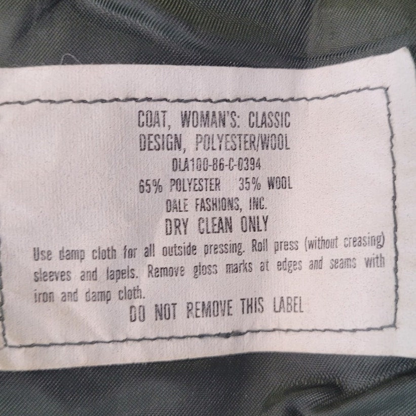 1986 Women’s Dress Coat – Size 16S, Dale Fashions, Green, 65/35 Poly-Wool, DLA100-86-C-0394